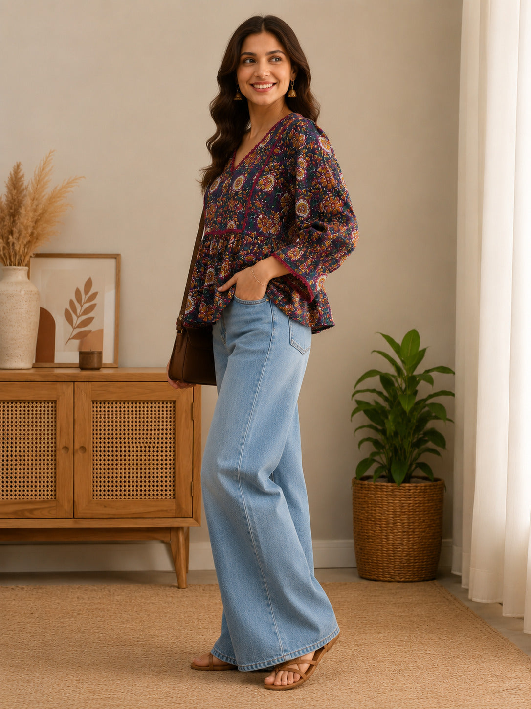 Women's Blue Printed V-Neck Gathered Top with Bell Sleeves