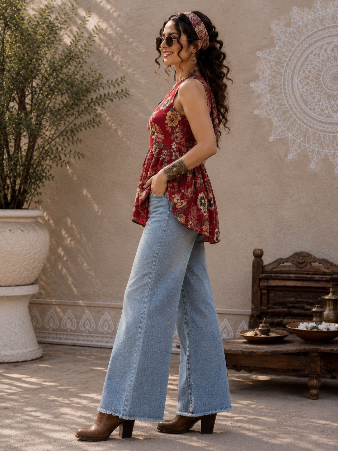Women's Red Floral Printed Sleeveless Peplum Top