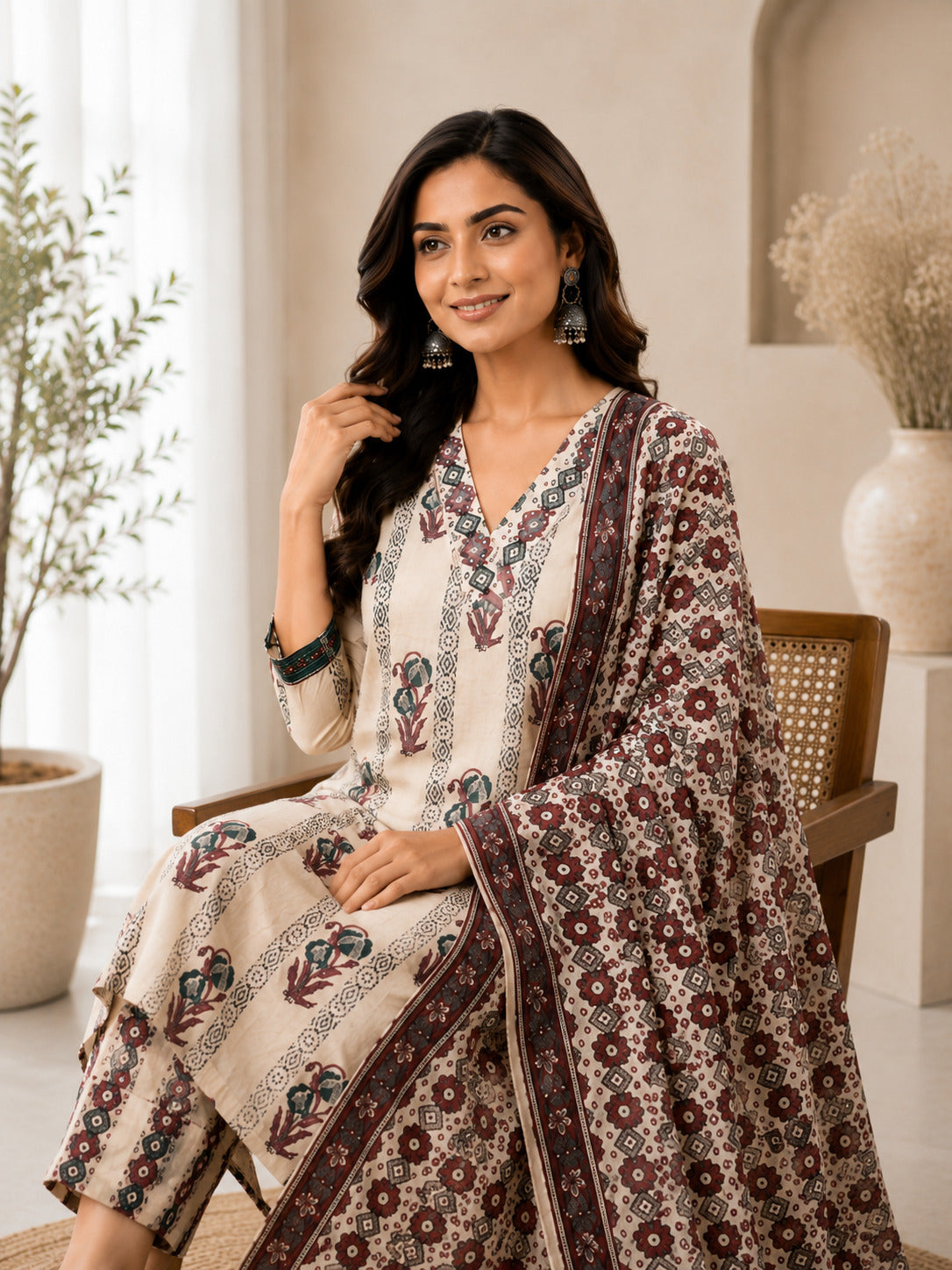 Women's Cream & Mauve Cotton Kurta & Trousers With Dupatta Set
