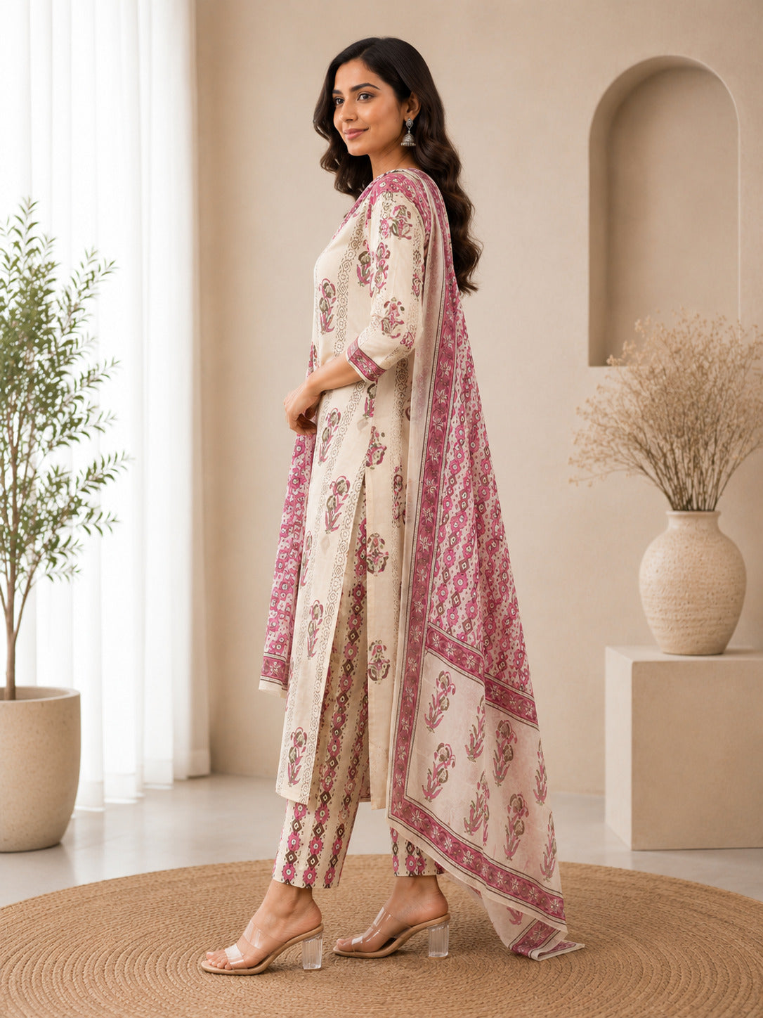 Women's Cream & Pink Cotton Kurta & Trousers With Dupatta Set