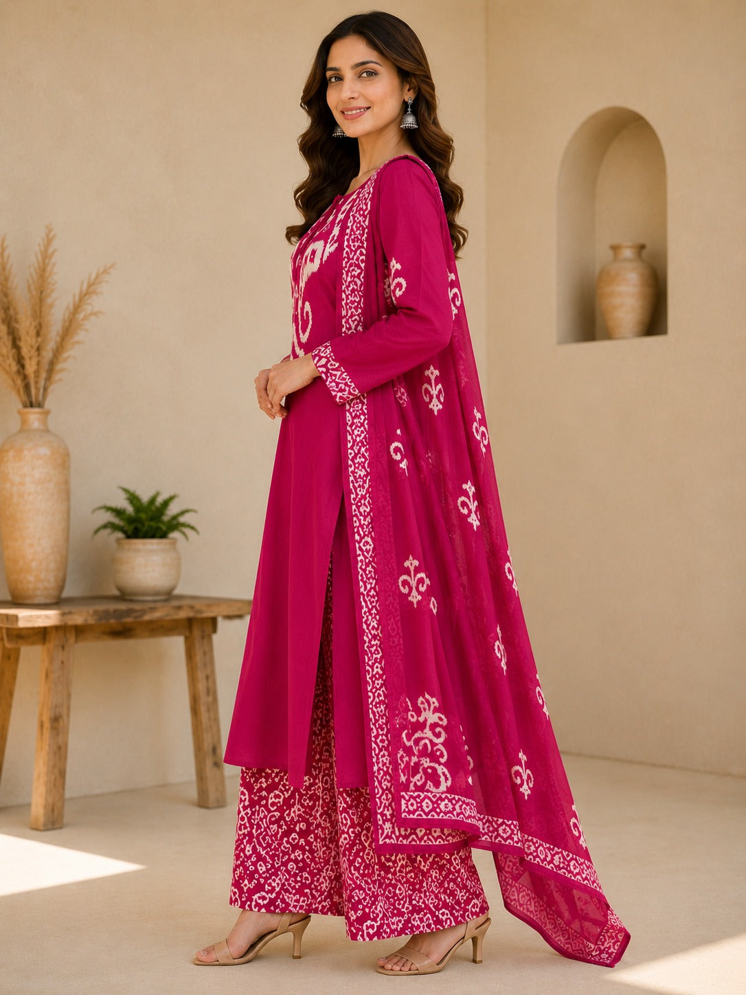 Women's Pink Ethnic Printed A-Line Kurta & Palazzo With Dupatta Set