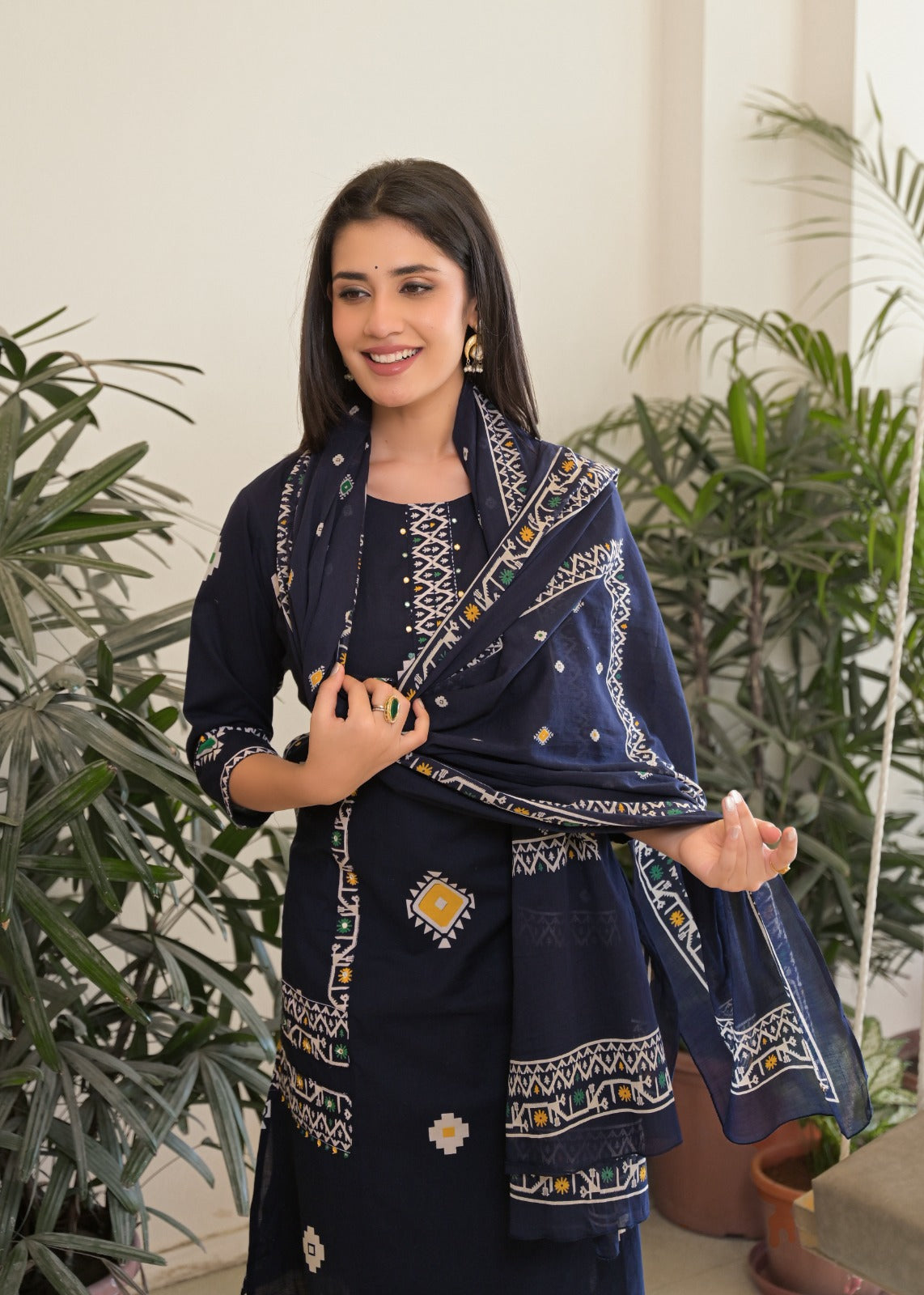 Women's Navy Blue Pure Cotton Kurta, Pant & Dupatta Set