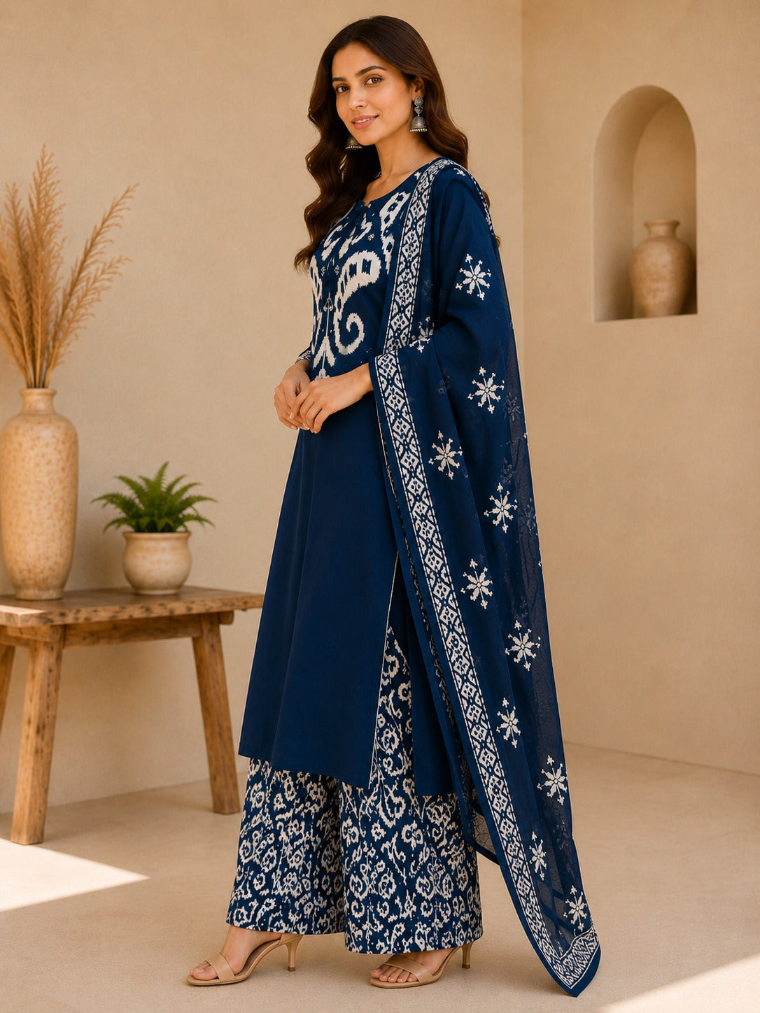 Women's Navy Blue Ethnic Printed A-Line Kurta & Palazzo With Dupatta Set