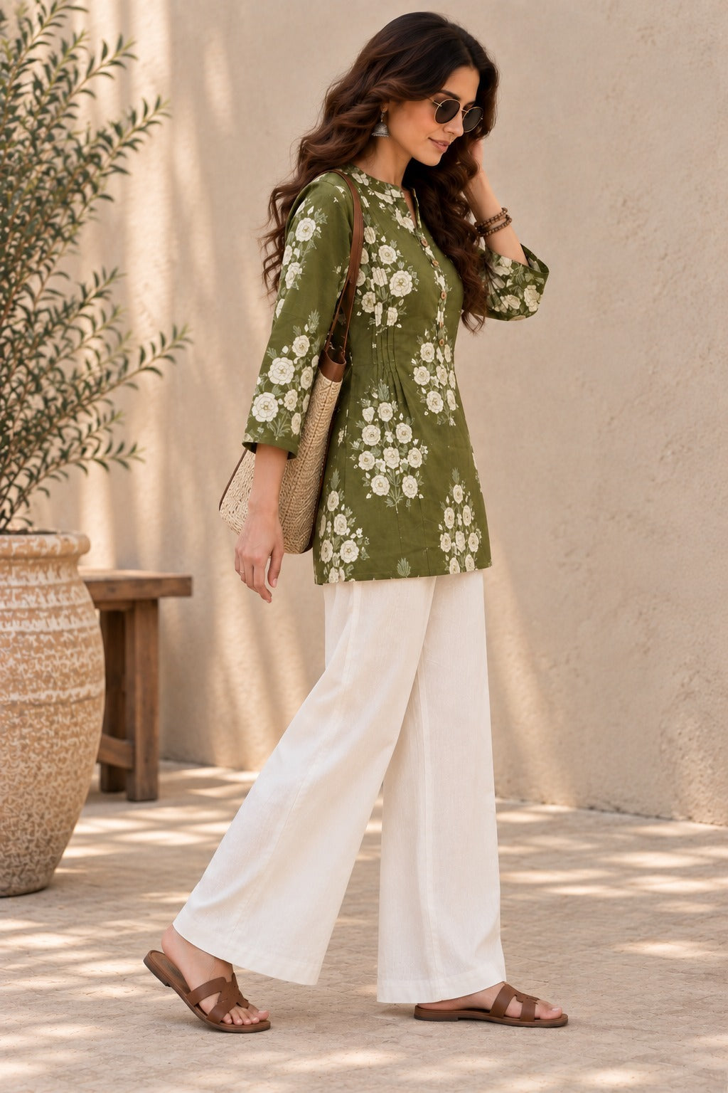 Women's Olive Green Floral Printed Mandarin Collar A-Line Top