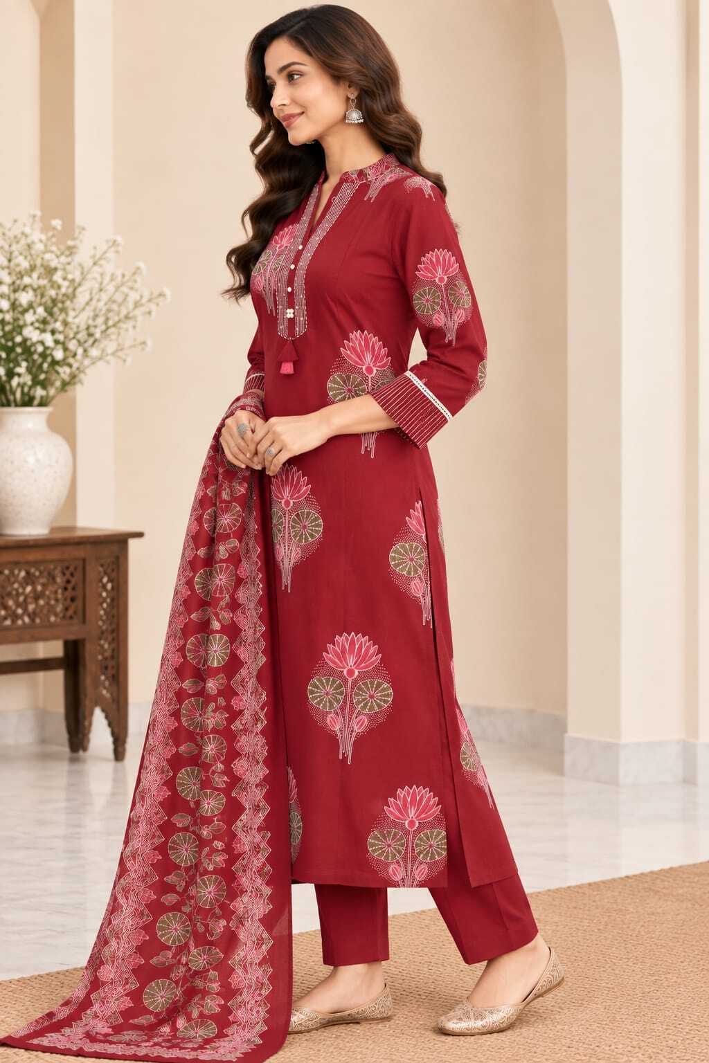 Women's Maroon Floral Printed Kurta with Trousers & Dupatta