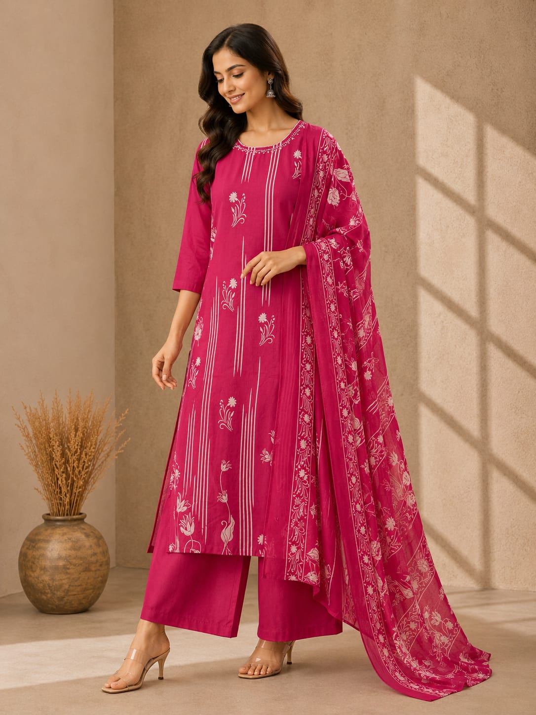Women's Pink Cotton Floral Print Round Neck Kurta & Trousers With Dupatta Set