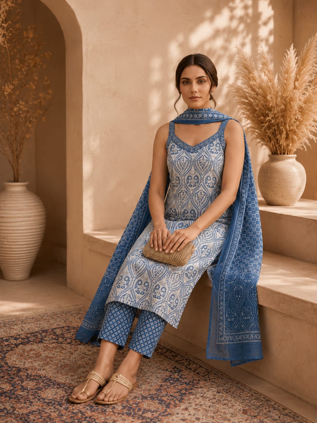 Women's Sky Blue & White Pure Cotton Kurta, Pant & Dupatta Set