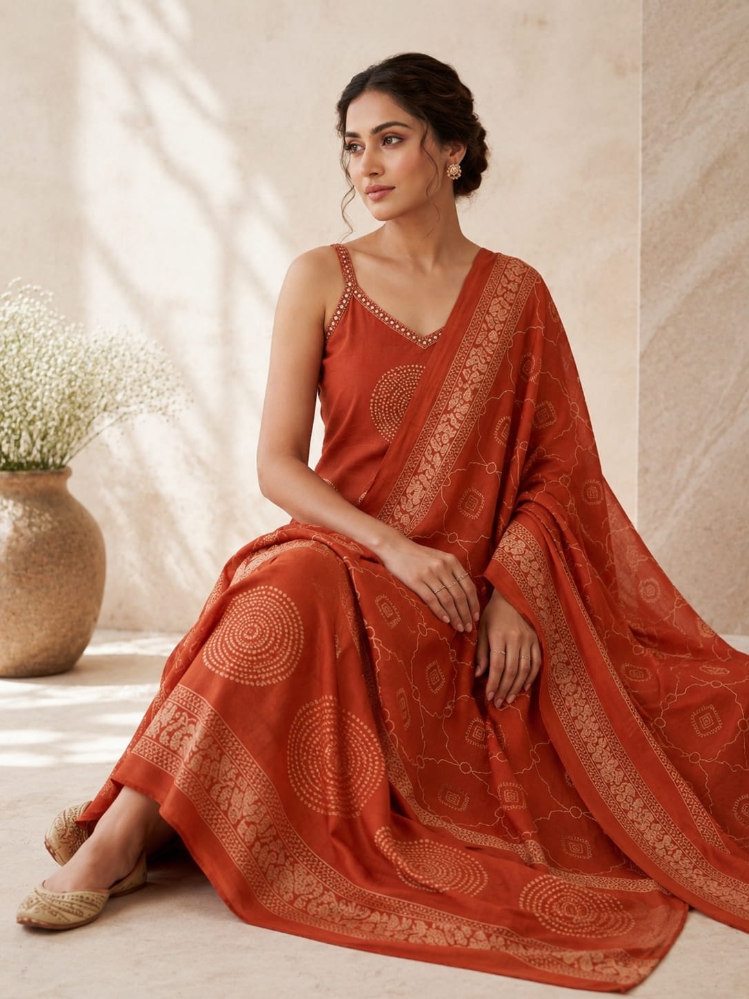 Women's Rust Sleeveless Kurta With Palazzo & Dupatta Set