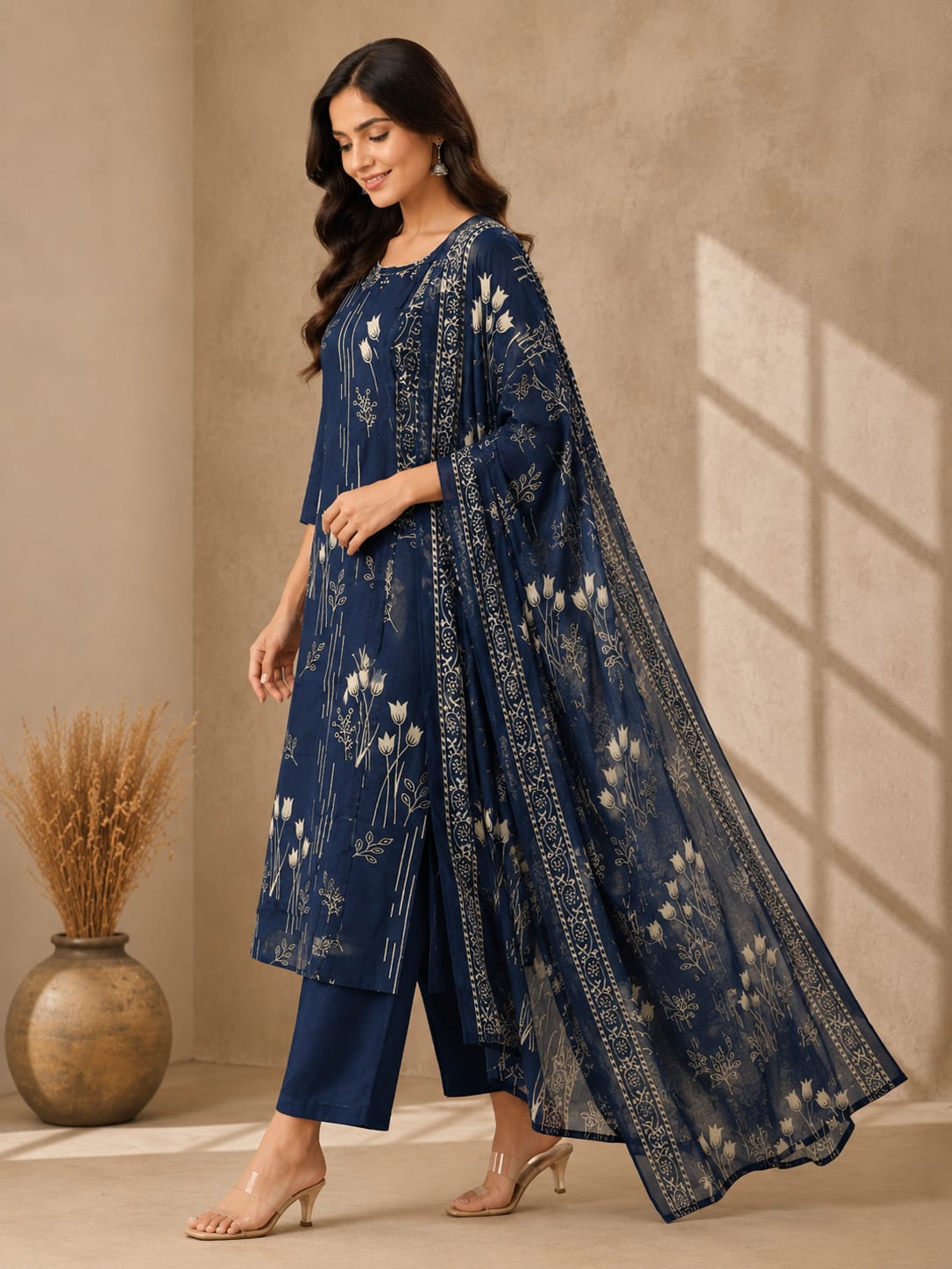 Women's Navy Blue Cotton Floral Print Round Neck Kurta & Trousers With Dupatta Set