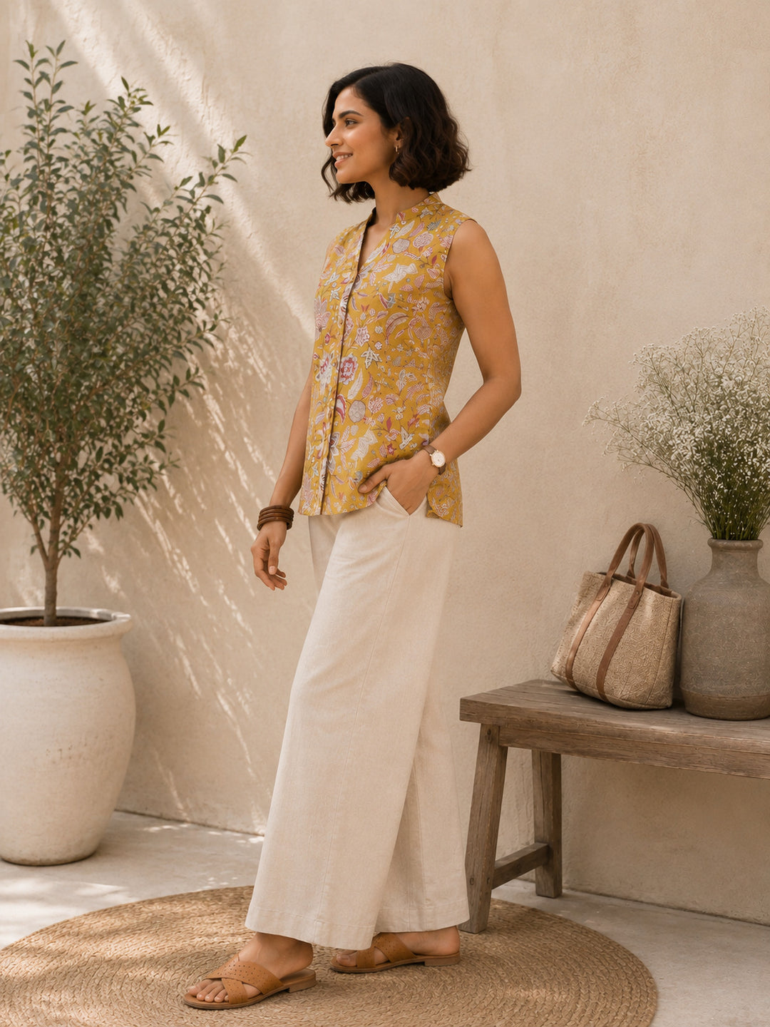 Women Mustard Yellow Floral Printed Mandarin Collar Sleeveless Top