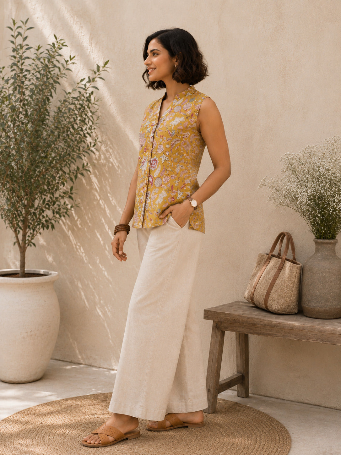 Women Mustard Yellow Floral Printed Mandarin Collar Sleeveless Top