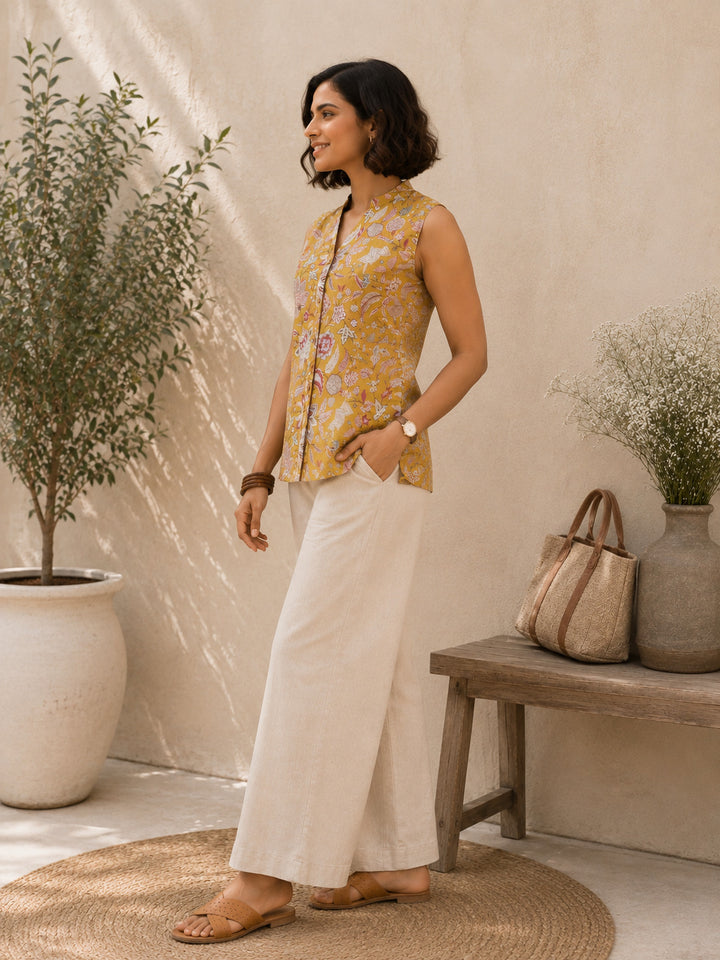 Women Mustard Yellow Floral Printed Mandarin Collar Sleeveless Top