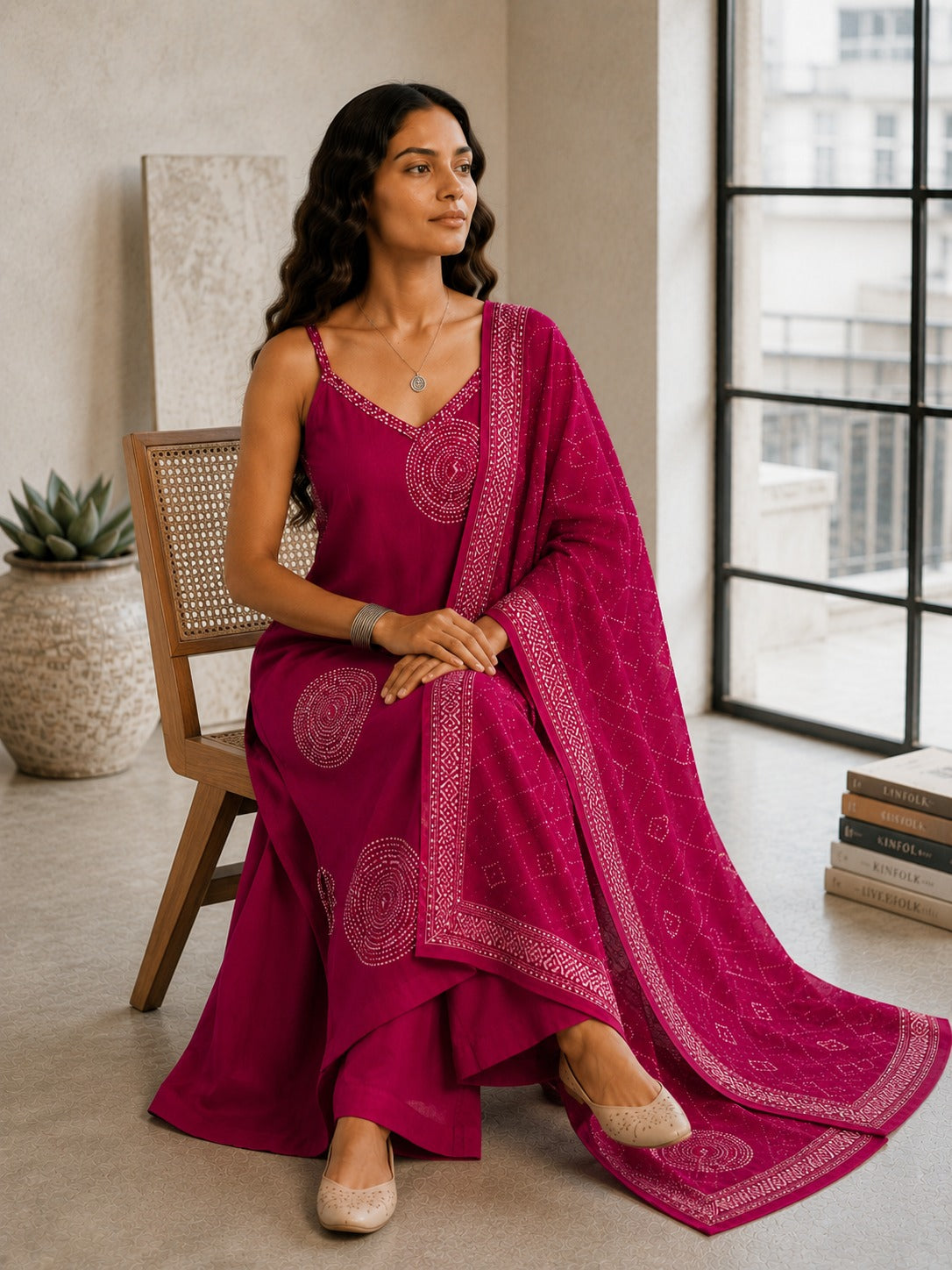 Women's Wine Sleeveless Kurta With Palazzo & Dupatta Set