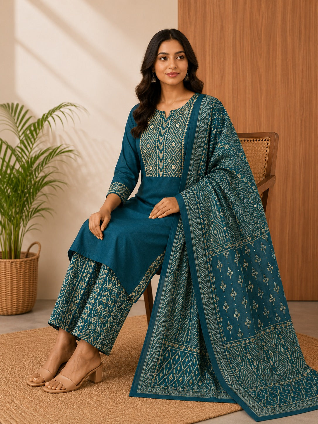 Women's Teal Blue Thread Work Straight Kurta & Trouser With Dupatta Set
