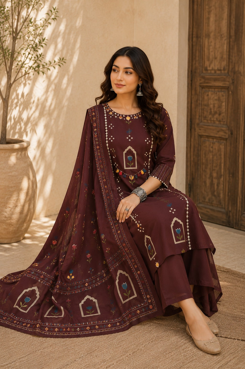 Women's Brown Printed Kurta With Trousers & Dupatta Set