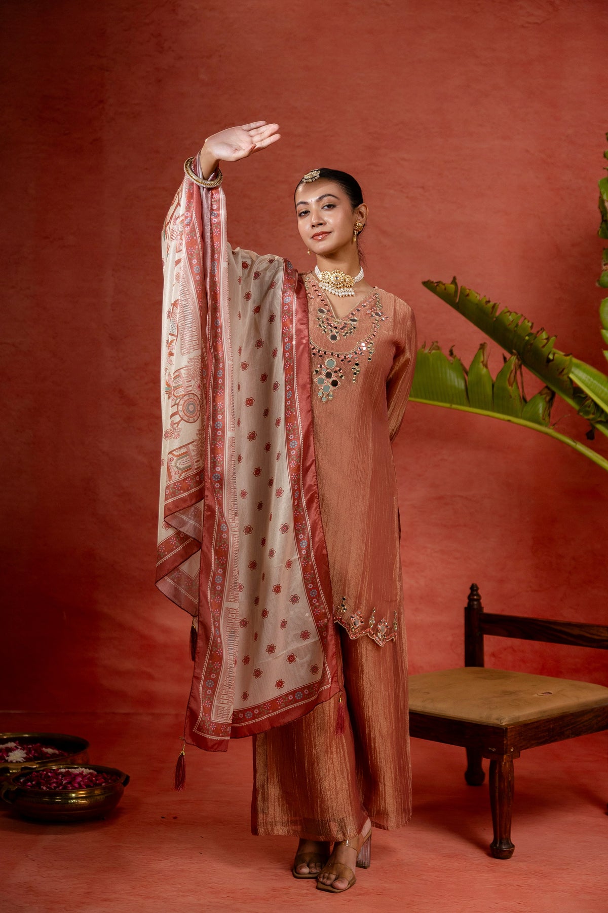 Women's Pink Embroidered Mirror Work Kurta With Palazzo & Dupatta Set