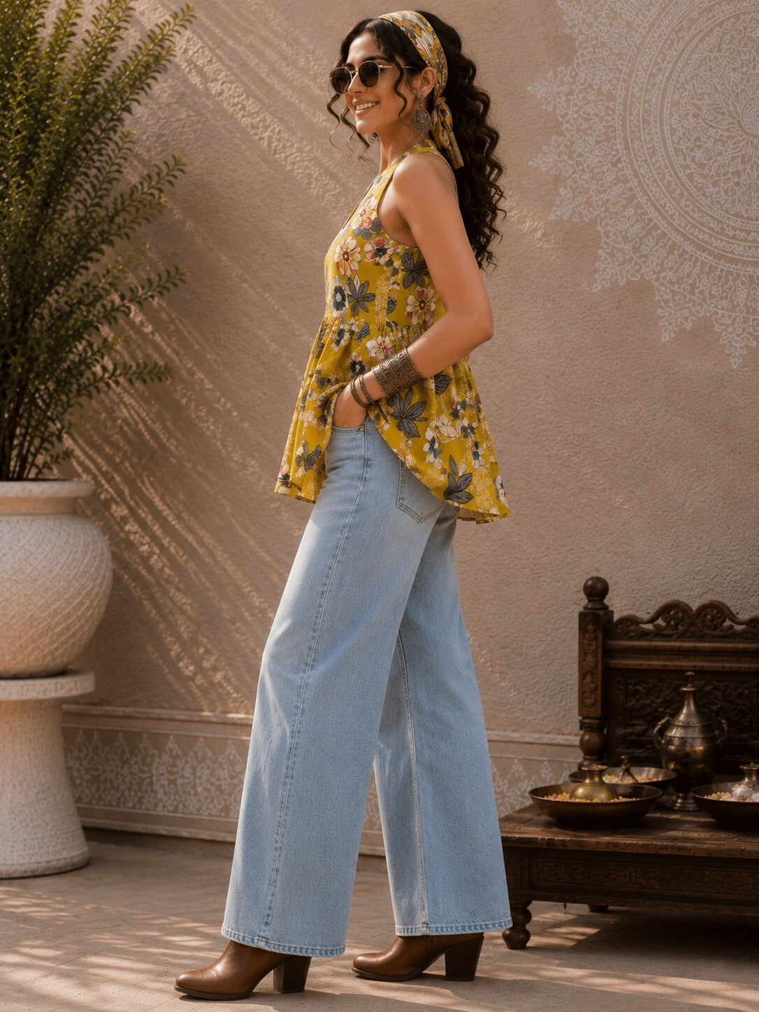 Women's Mustard Floral Printed Sleeveless Peplum Top