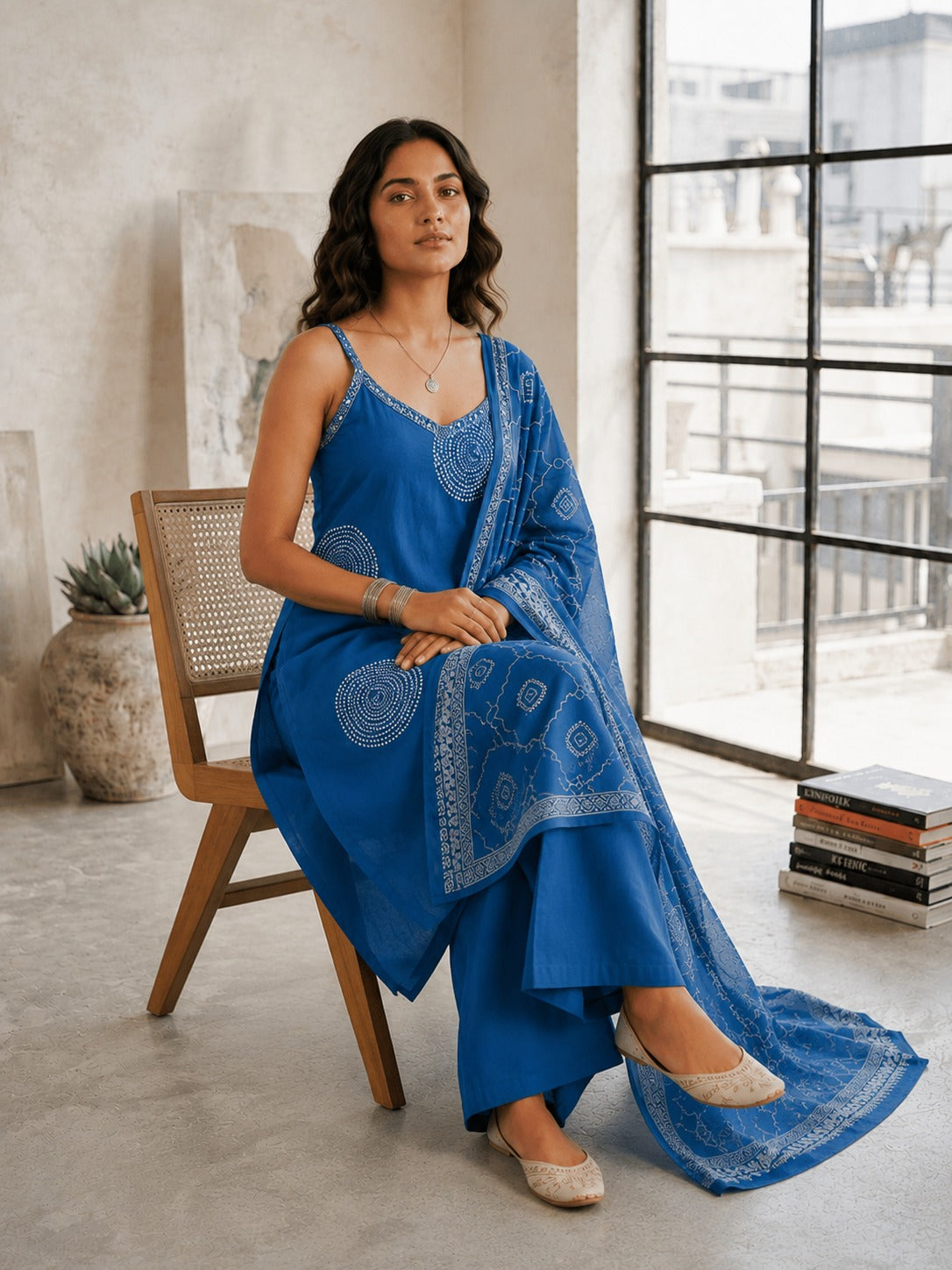 Women's Steel Blue Sleeveless Kurta With Palazzo & Dupatta Set
