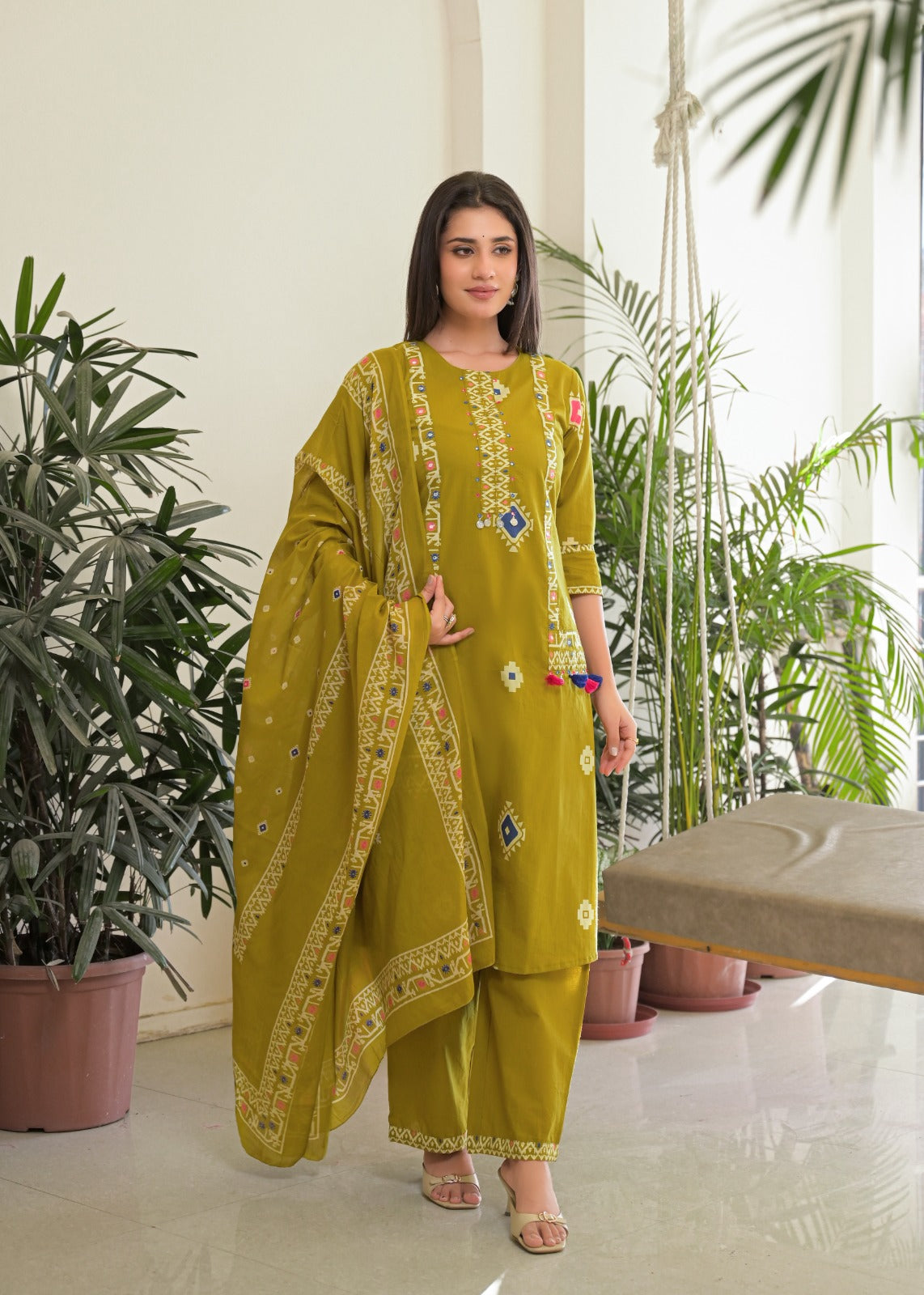 Women's Mustard Yellow Pure Cotton Kurta, Pant & Dupatta Set