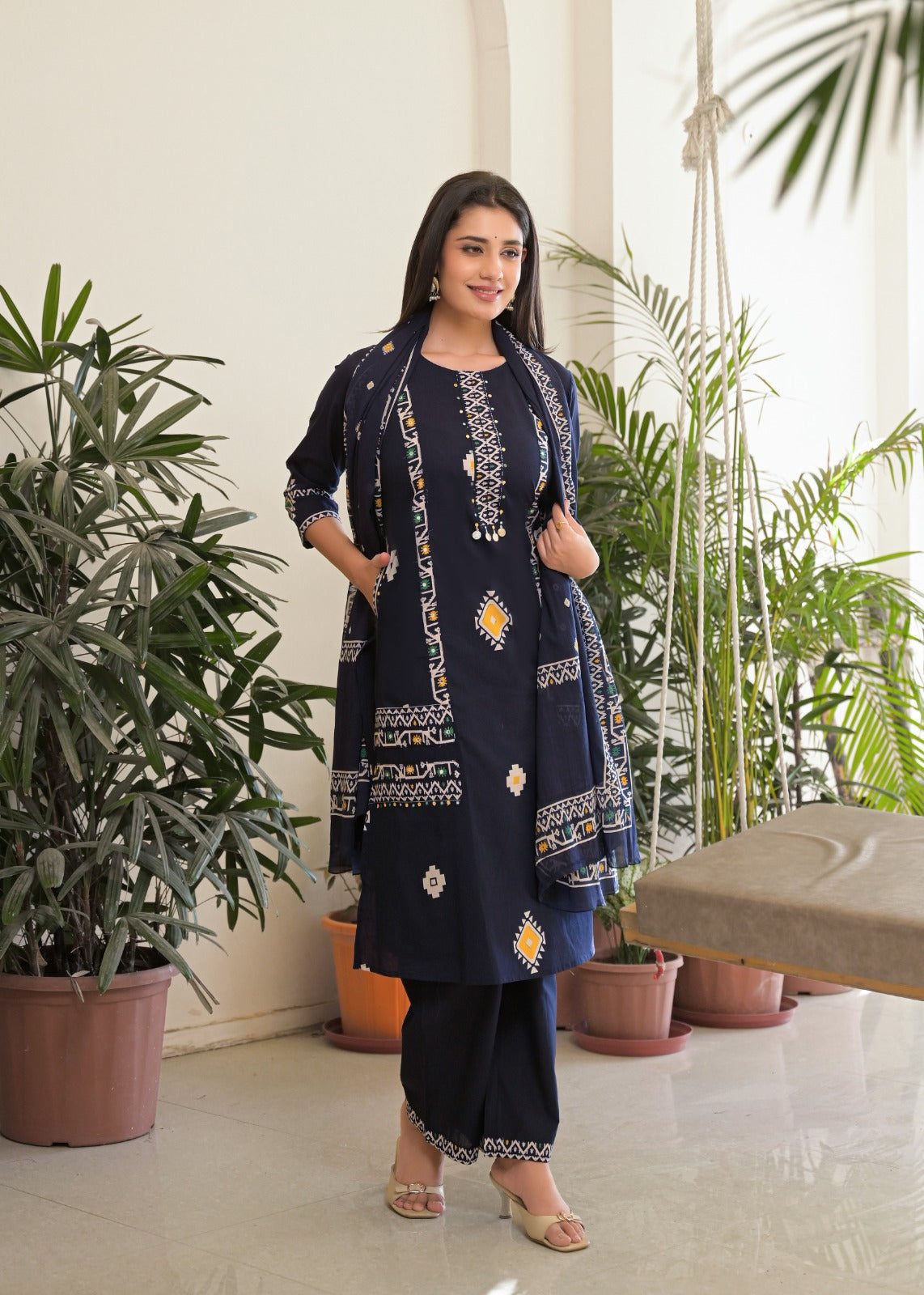 Women's Navy Blue Pure Cotton Kurta, Pant & Dupatta Set