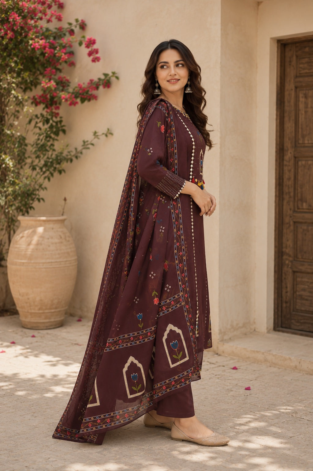 Women's Brown Printed Kurta With Trousers & Dupatta Set