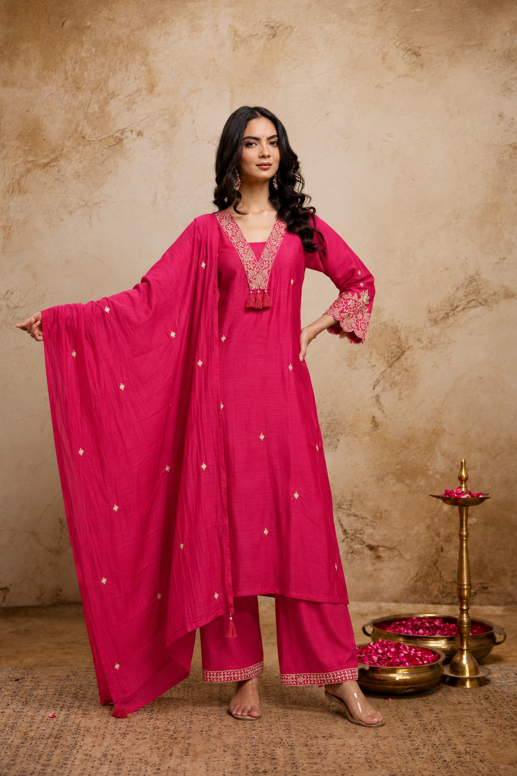 Women's Rani Pink Embroidered Silk Blend Kurta & Trousers With Dupatta Set