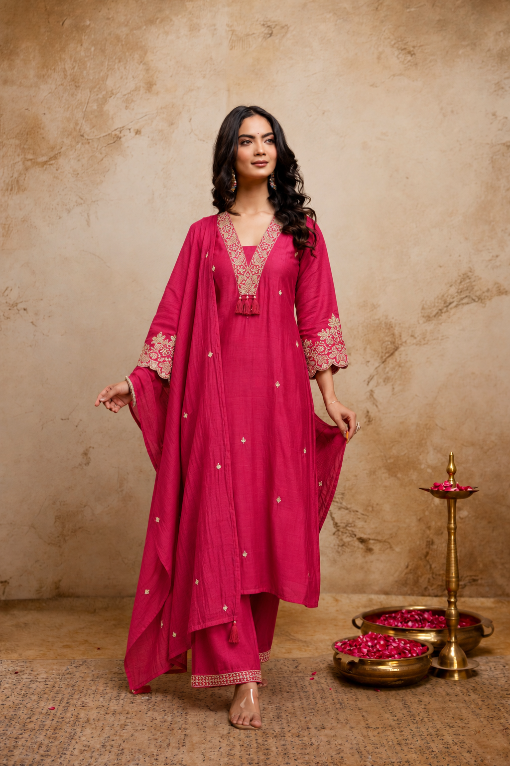 Women's Rani Pink Embroidered Silk Blend Kurta & Trousers With Dupatta Set