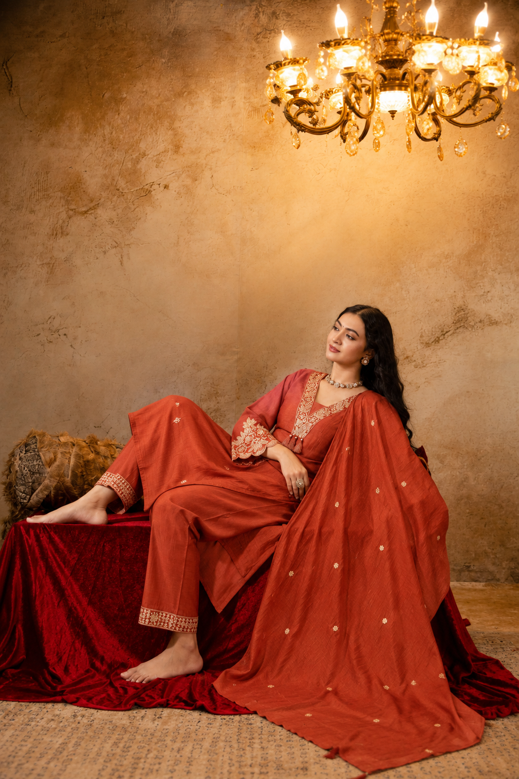 Women's Orange Embroidered Silk Blend Kurta & Trousers With Dupatta Set