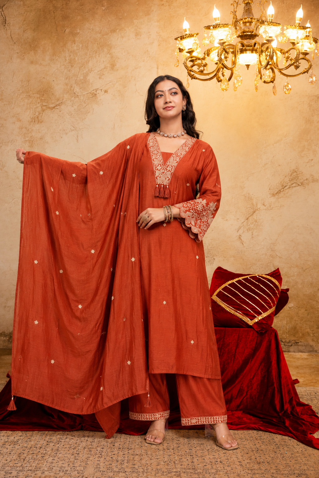 Women's Orange Embroidered Silk Blend Kurta & Trousers With Dupatta Set