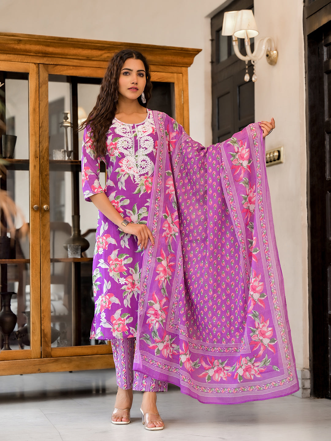 Women's Floral Printed Regular Thread Work Pure Cotton Kurta With Trousers & Dupatta Set