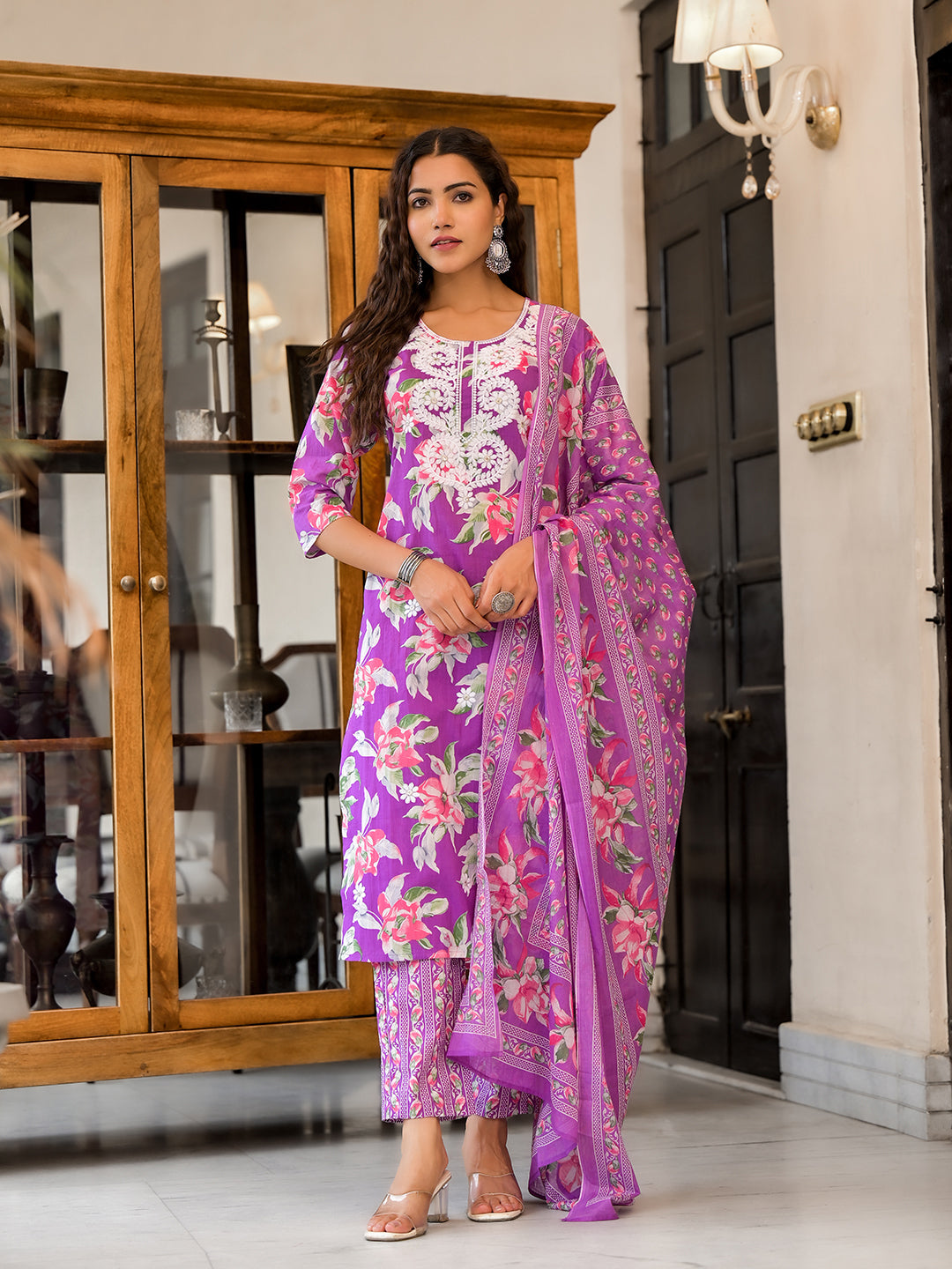Women's Floral Printed Regular Thread Work Pure Cotton Kurta With Trousers & Dupatta Set