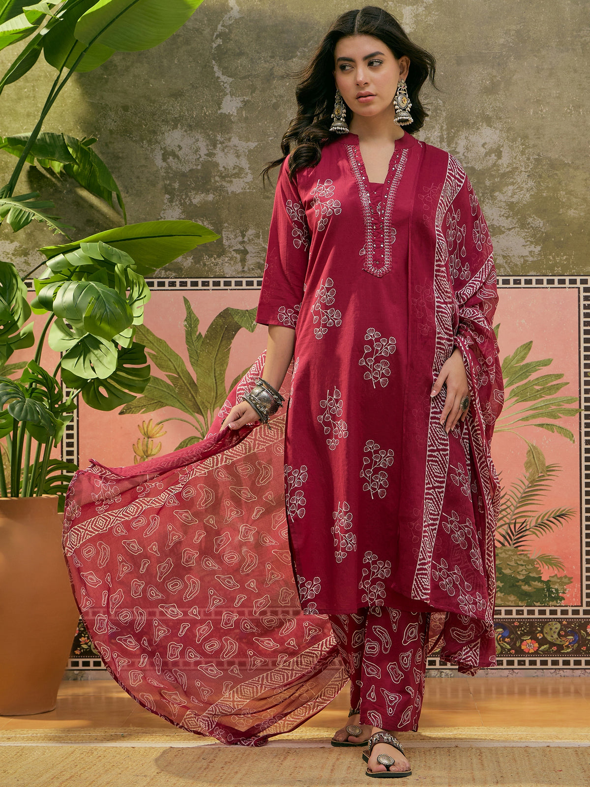 Women's Maroon Printed Straight Round Neck Cotton Blend Thread Work Floral Kurta With Trousers & Dupatta Set