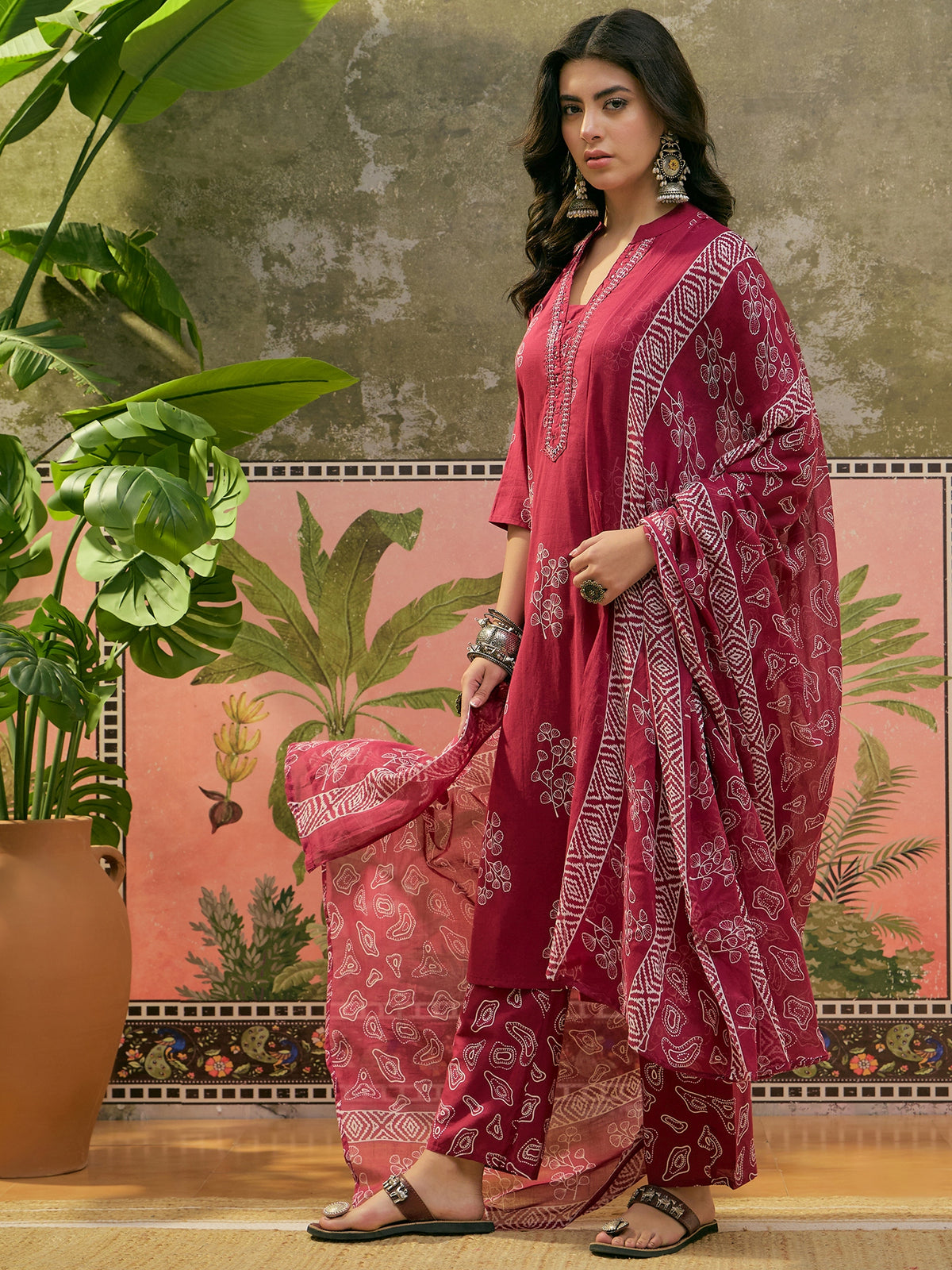 Women's Maroon Printed Straight Round Neck Cotton Blend Thread Work Floral Kurta With Trousers & Dupatta Set
