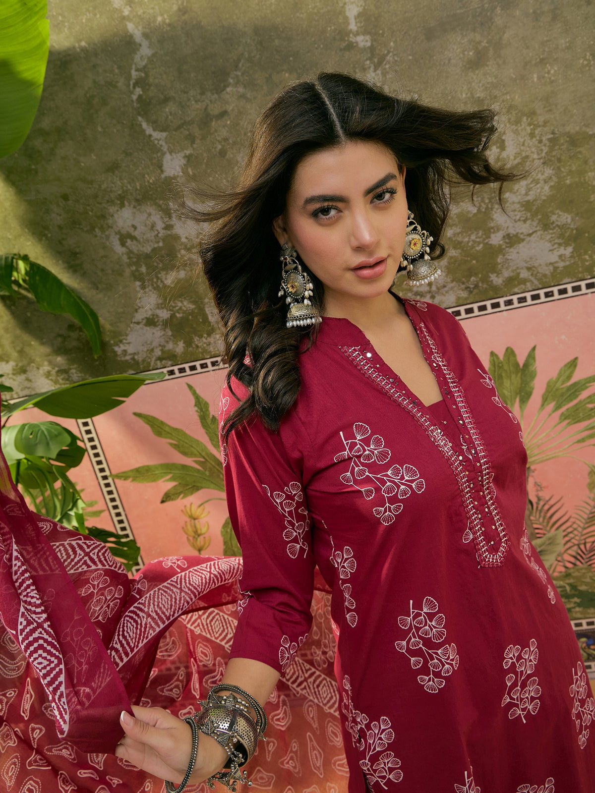 Women's Maroon Printed Straight Round Neck Cotton Blend Thread Work Floral Kurta With Trousers & Dupatta Set