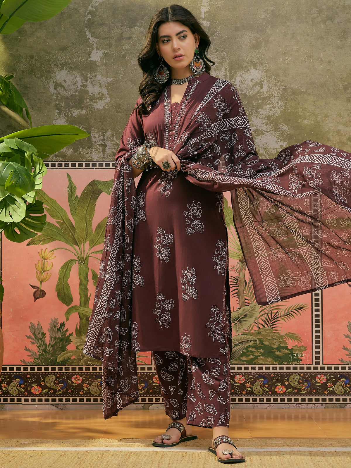 Women's Chocolate Brown Printed Straight Kurta With Trousers & Dupatta Set