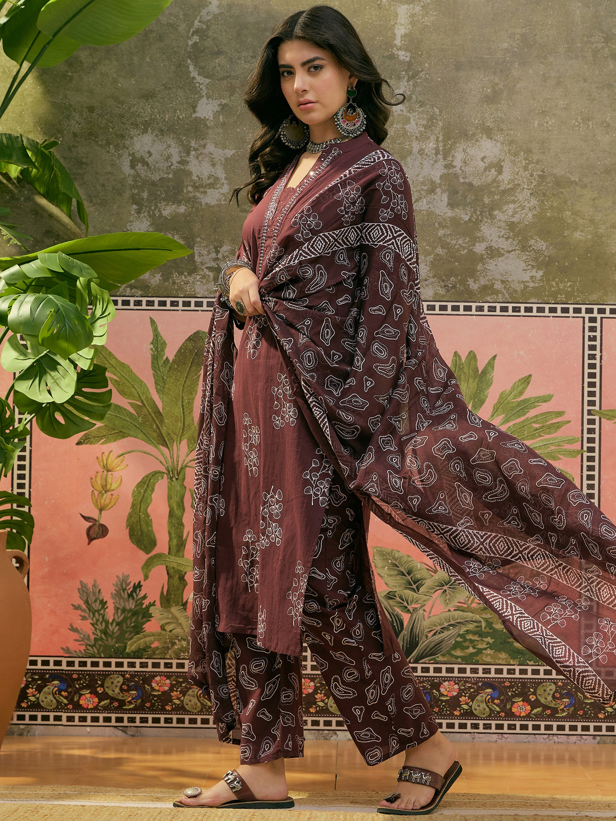 Women's Chocolate Brown Printed Straight Kurta With Trousers & Dupatta Set