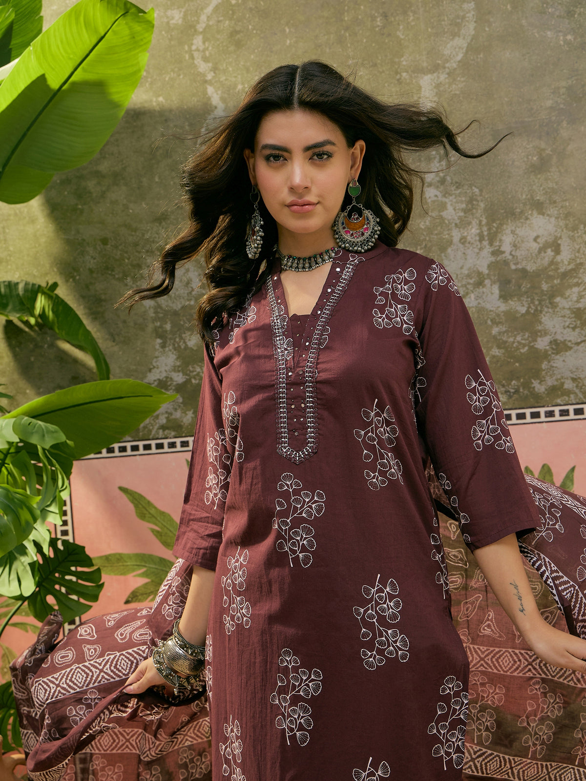 Women's Chocolate Brown Printed Straight Kurta With Trousers & Dupatta Set