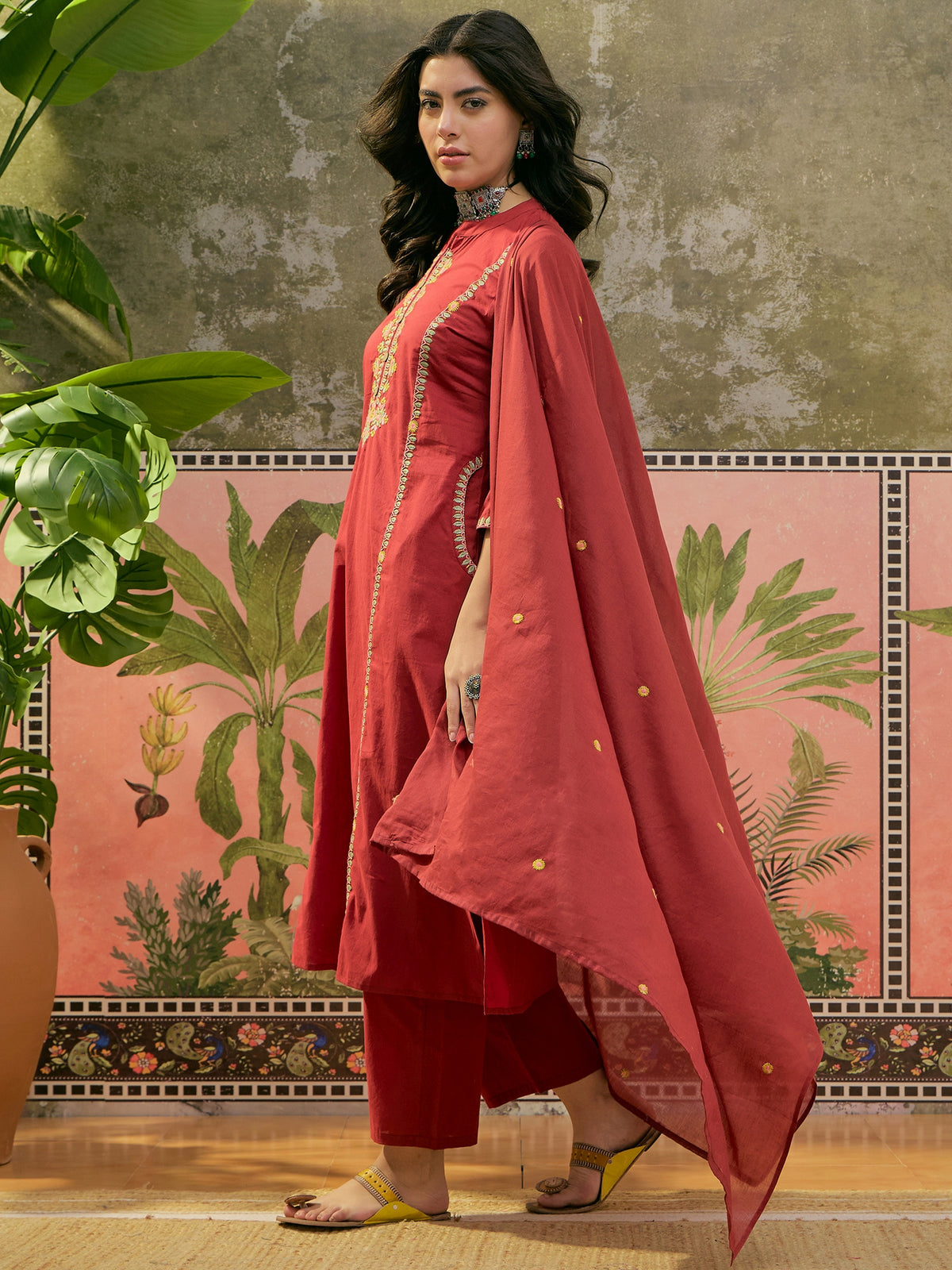 Women's Maroon Printed Straight Round Neck Cotton Blend Thread Work Kurta With Trousers & Dupatta Set