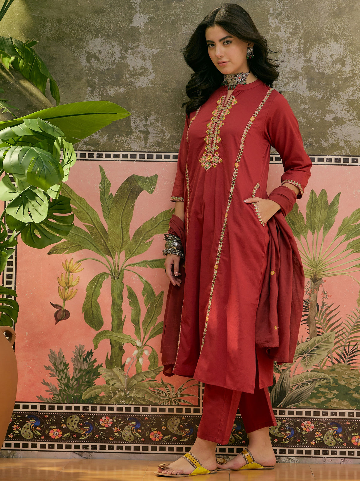 Women's Maroon Printed Straight Round Neck Cotton Blend Thread Work Kurta With Trousers & Dupatta Set
