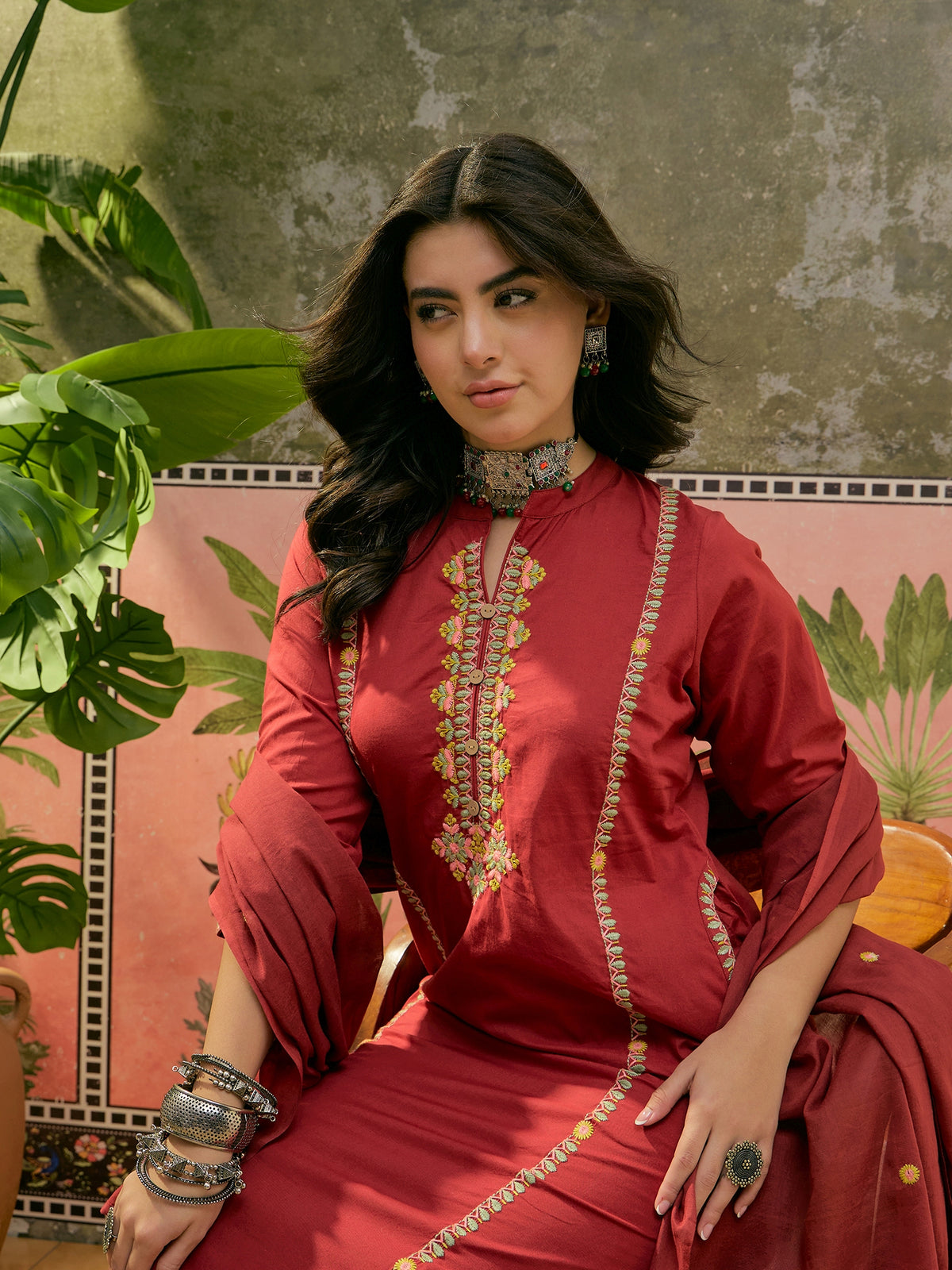 Women's Maroon Printed Straight Round Neck Cotton Blend Thread Work Kurta With Trousers & Dupatta Set