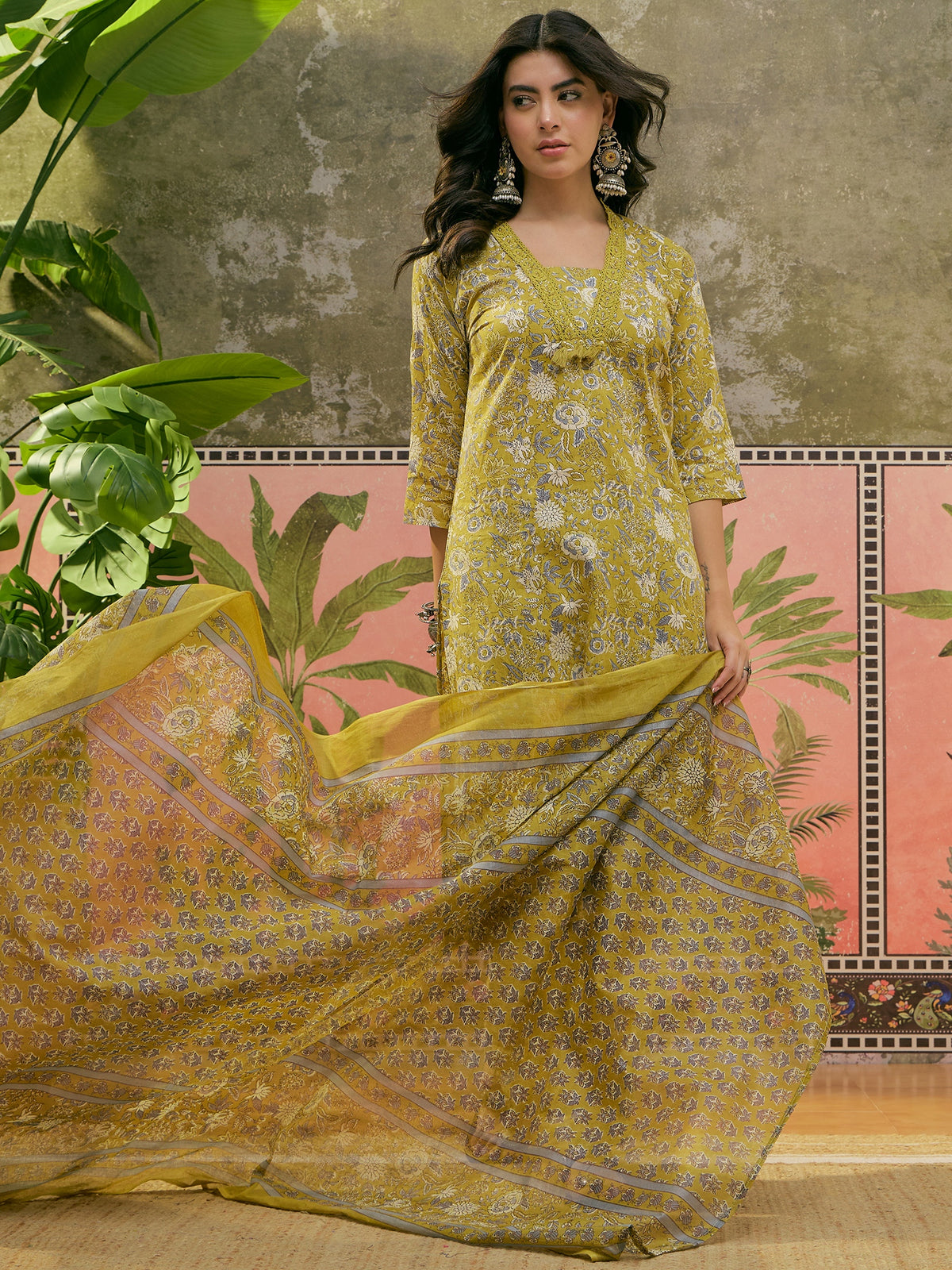 Women's Mustard Printed Straight Kurta With Trousers & Dupatta Set