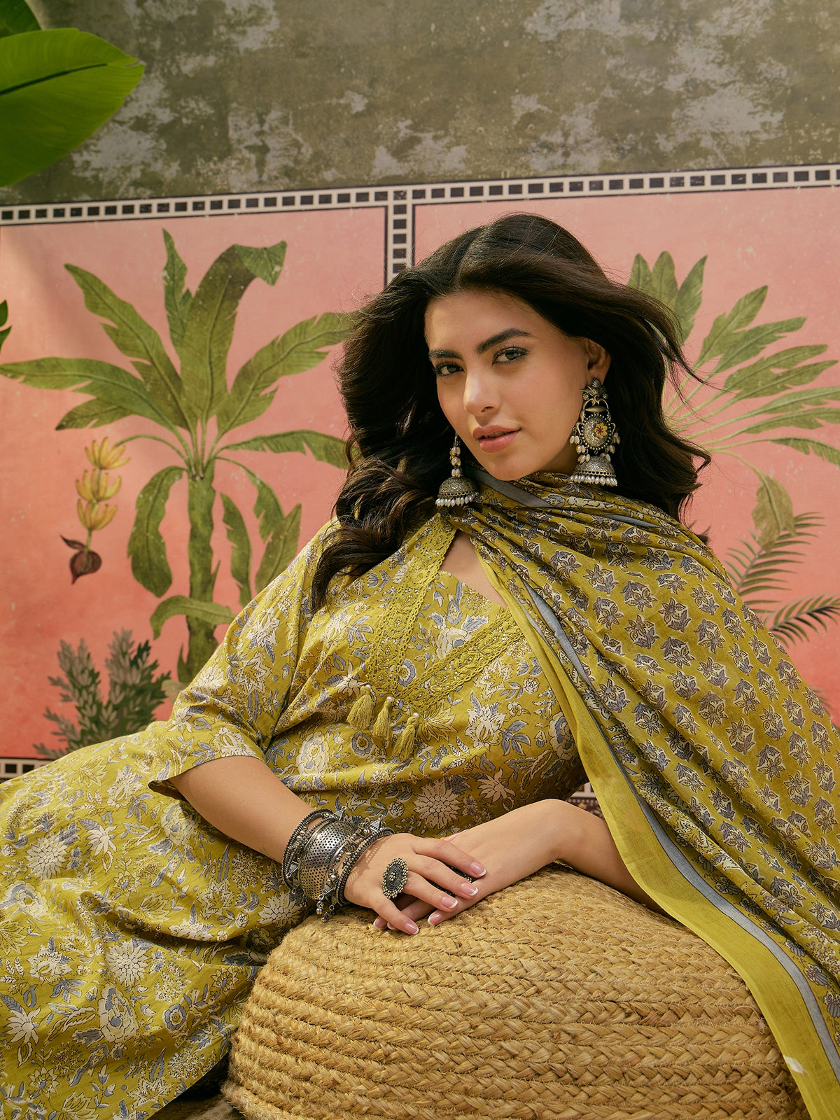Women's Mustard Printed Straight Kurta With Trousers & Dupatta Set