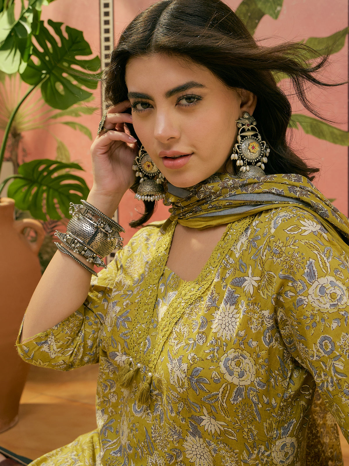 Women's Mustard Printed Straight Kurta With Trousers & Dupatta Set