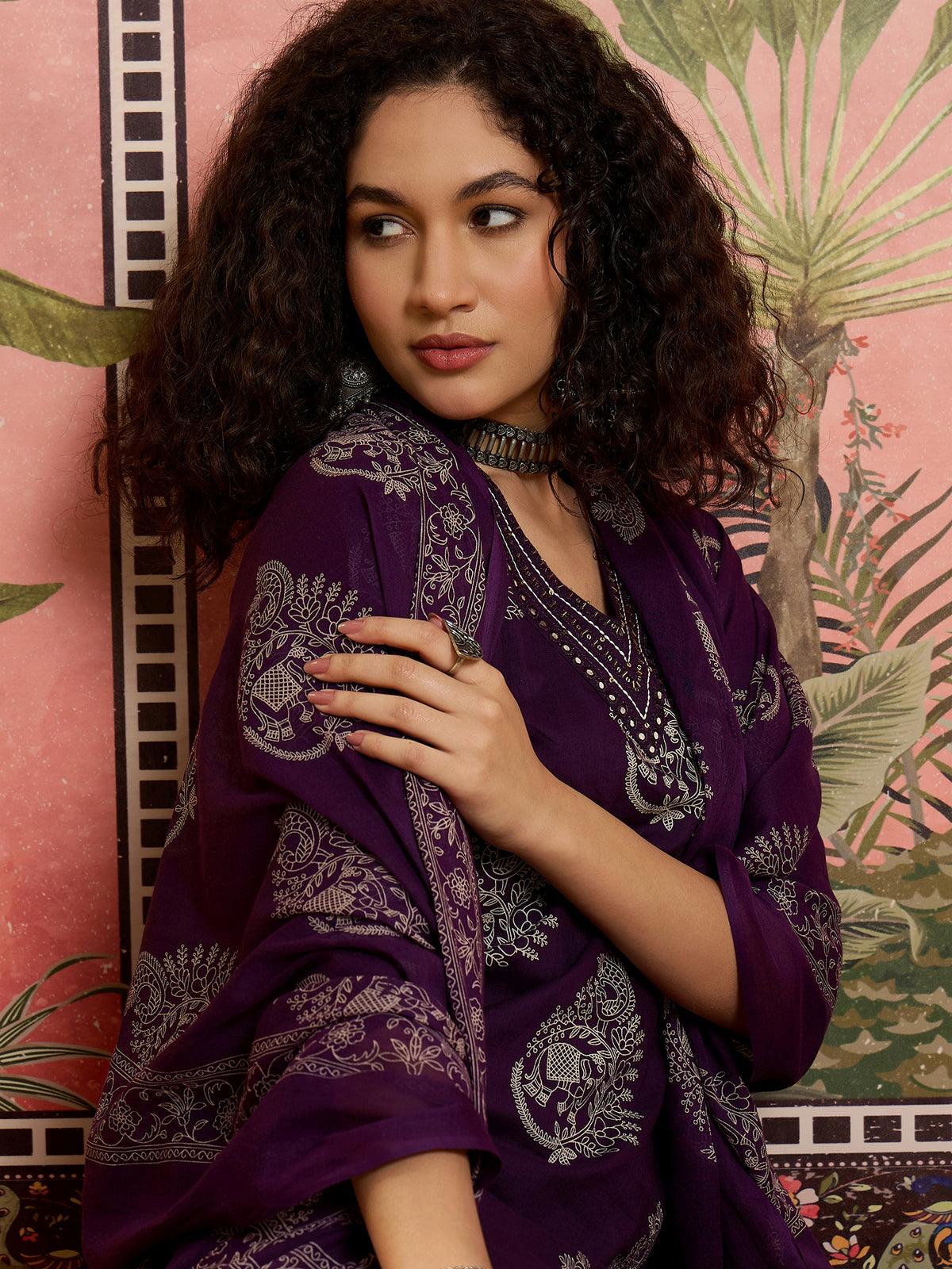 Women's Purple Printed Kurta With Trousers & Dupatta Set
