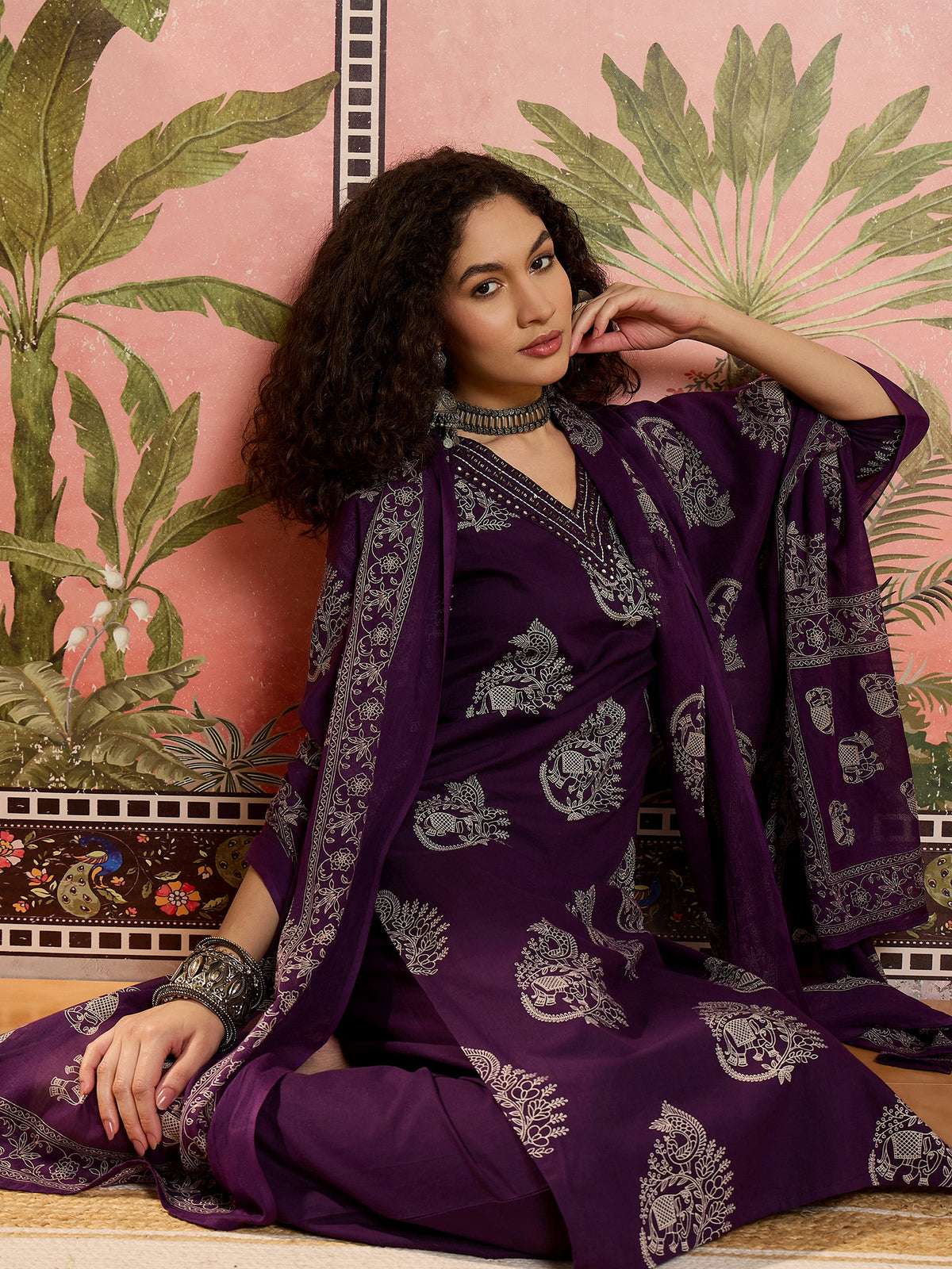 Women's Purple Printed Kurta With Trousers & Dupatta Set