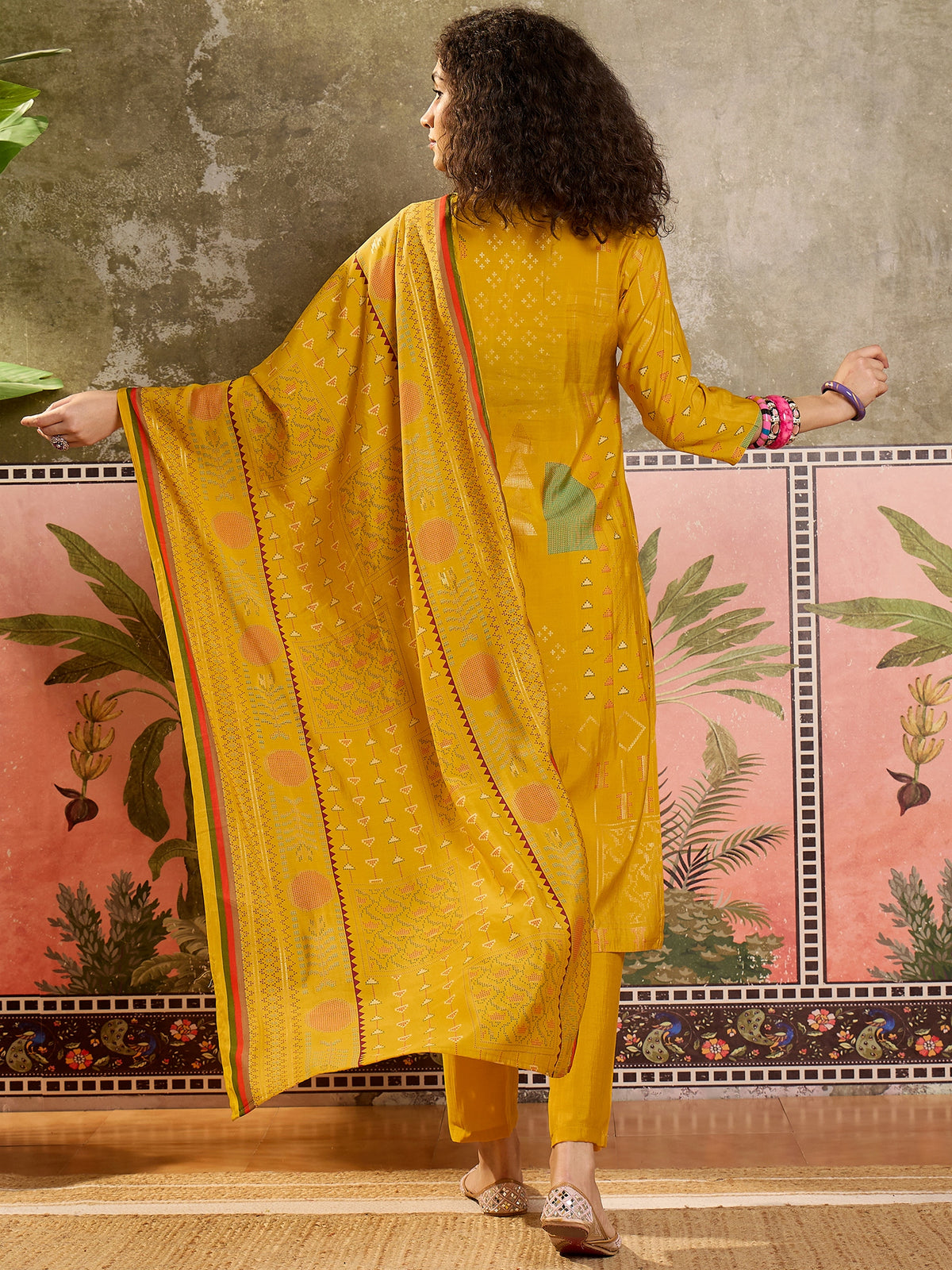 Women's Mustard Printed Round Neck Straight Silk Blend Kurta With Trousers & Dupatta Set