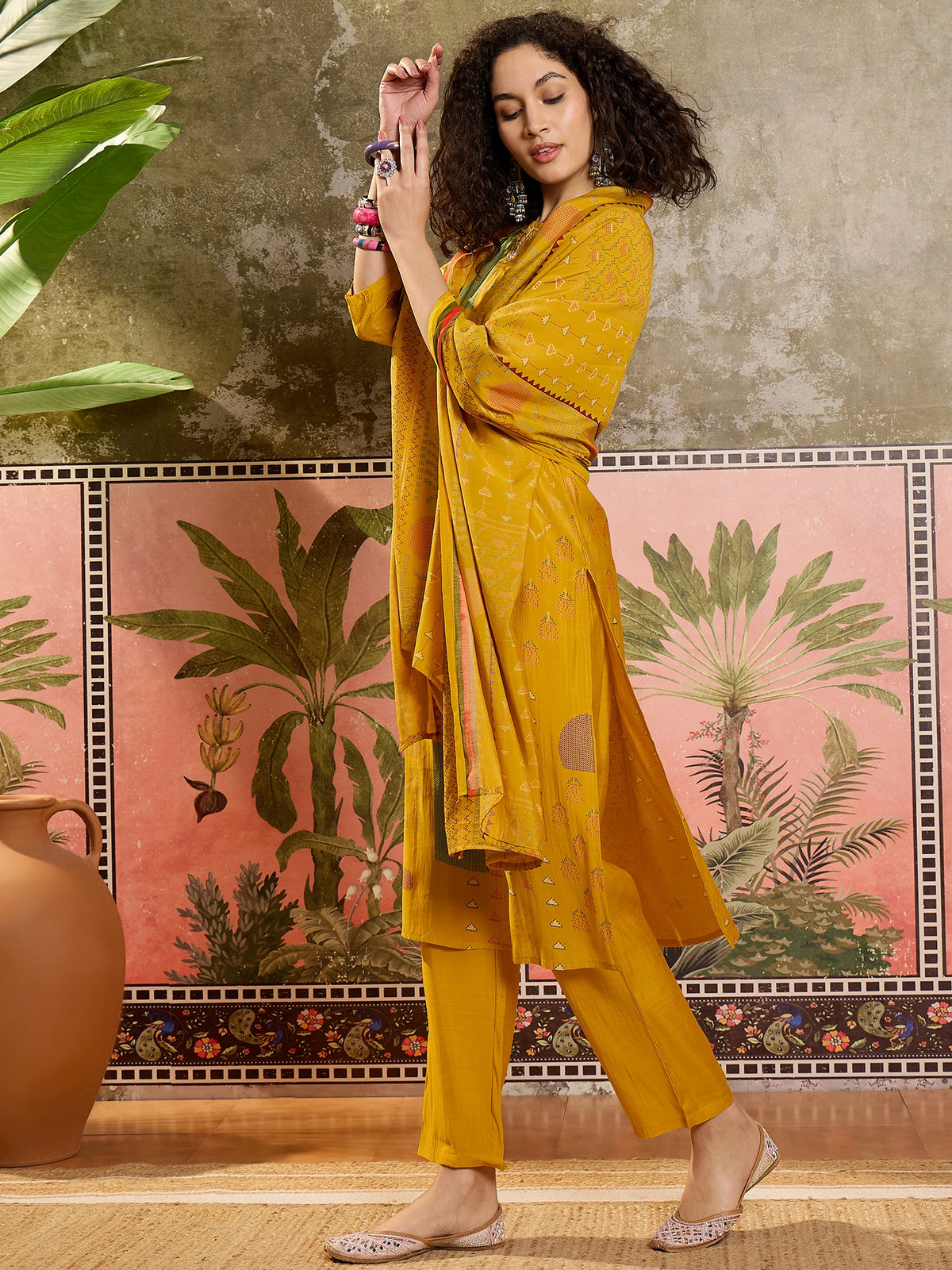 Women's Mustard Printed Round Neck Straight Silk Blend Kurta With Trousers & Dupatta Set