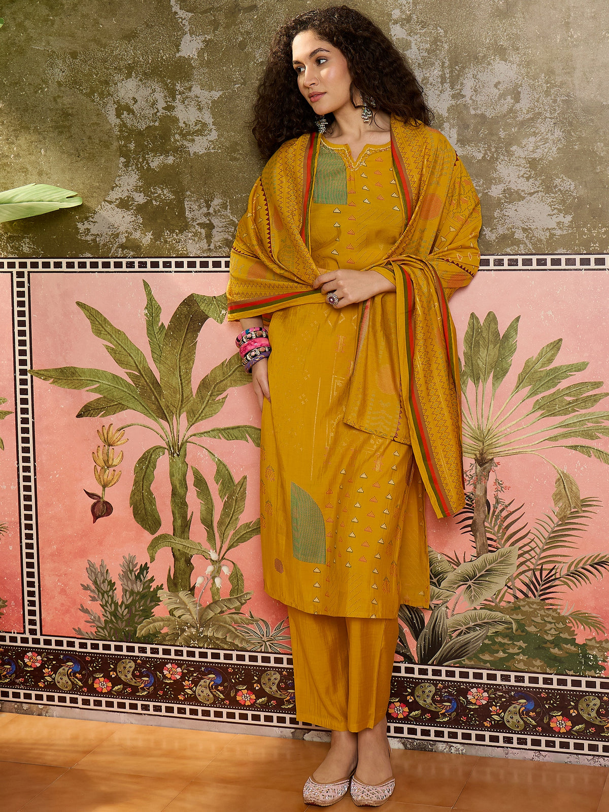 Women's Mustard Printed Round Neck Straight Silk Blend Kurta With Trousers & Dupatta Set