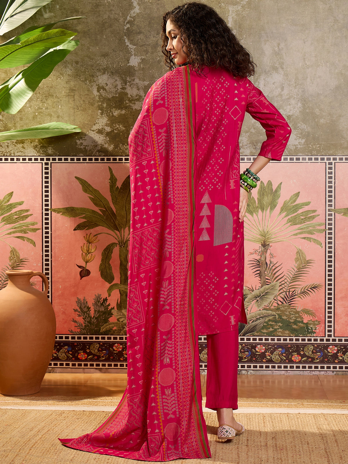 Women's Rani Printed Round Neck Straight Silk Blend Kurta With Trousers & Dupatta Set