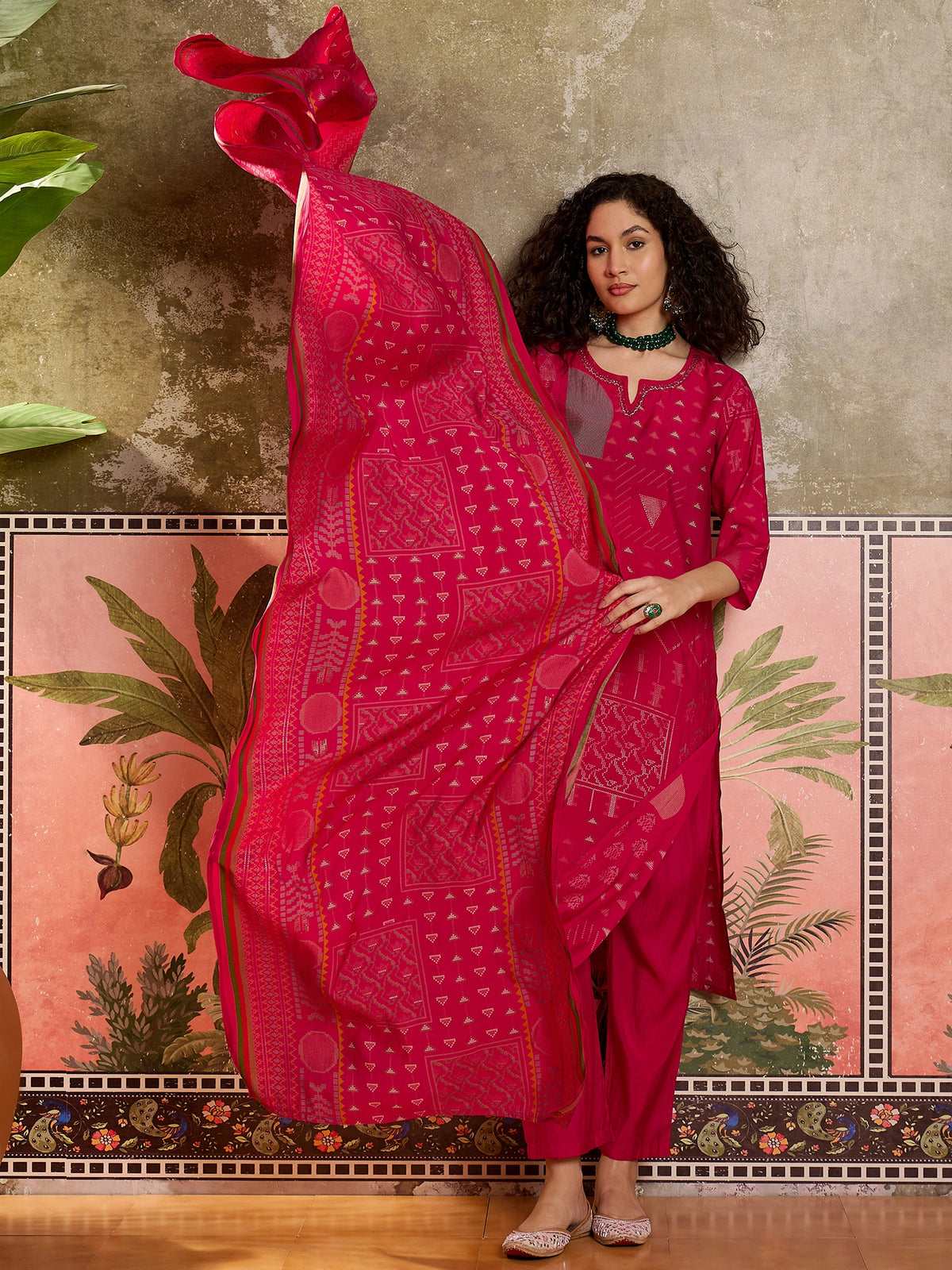 Women's Rani Printed Round Neck Straight Silk Blend Kurta With Trousers & Dupatta Set